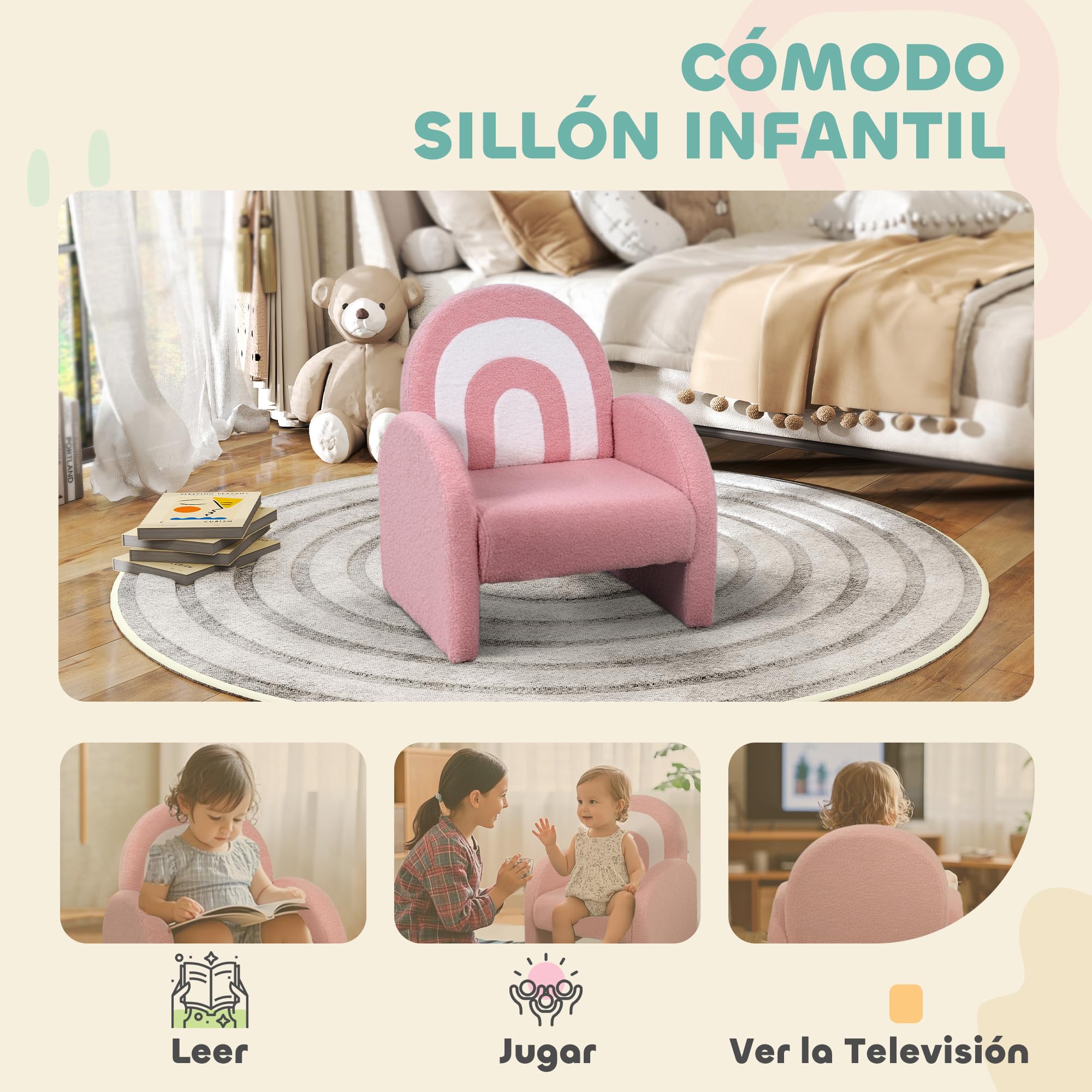 AIYAPLAY Poltrona per bambini con schienale arcobaleno Divano per bambini 18-96 mesi Braccioli in morbido tessuto trapuntato Carico 45 kg Rosa