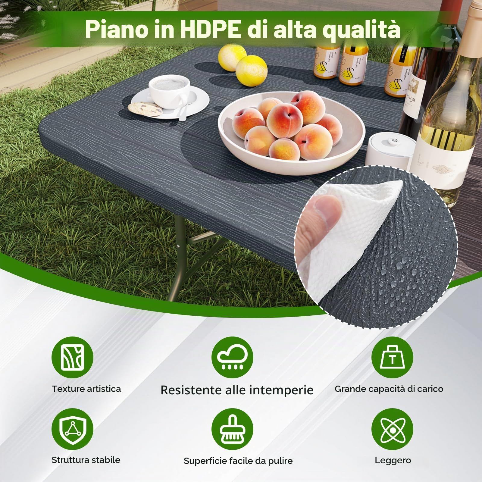 KOMFOTTEU Tavolo Pieghevole in HDPE e Metallo, Tavolo Campeggio Portatile con Maniglia di Trasporto, Tavolo Picnic Salvaspazio per Giardino, Esterno, Carico 160 kg, 180 x 74 x 75 cm (Grigio II)