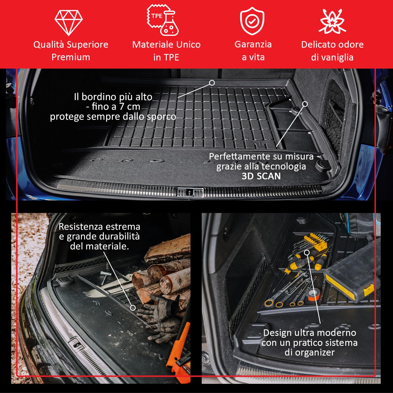 IMJ-Global Vasca Baule Auto ProLine 3D su Misura Compatibile con Peugeot 508 II dal 2018 in poi con ruota di scorta temporanea, con sistema audio, Proteggi bagagliaio Gomma TPE