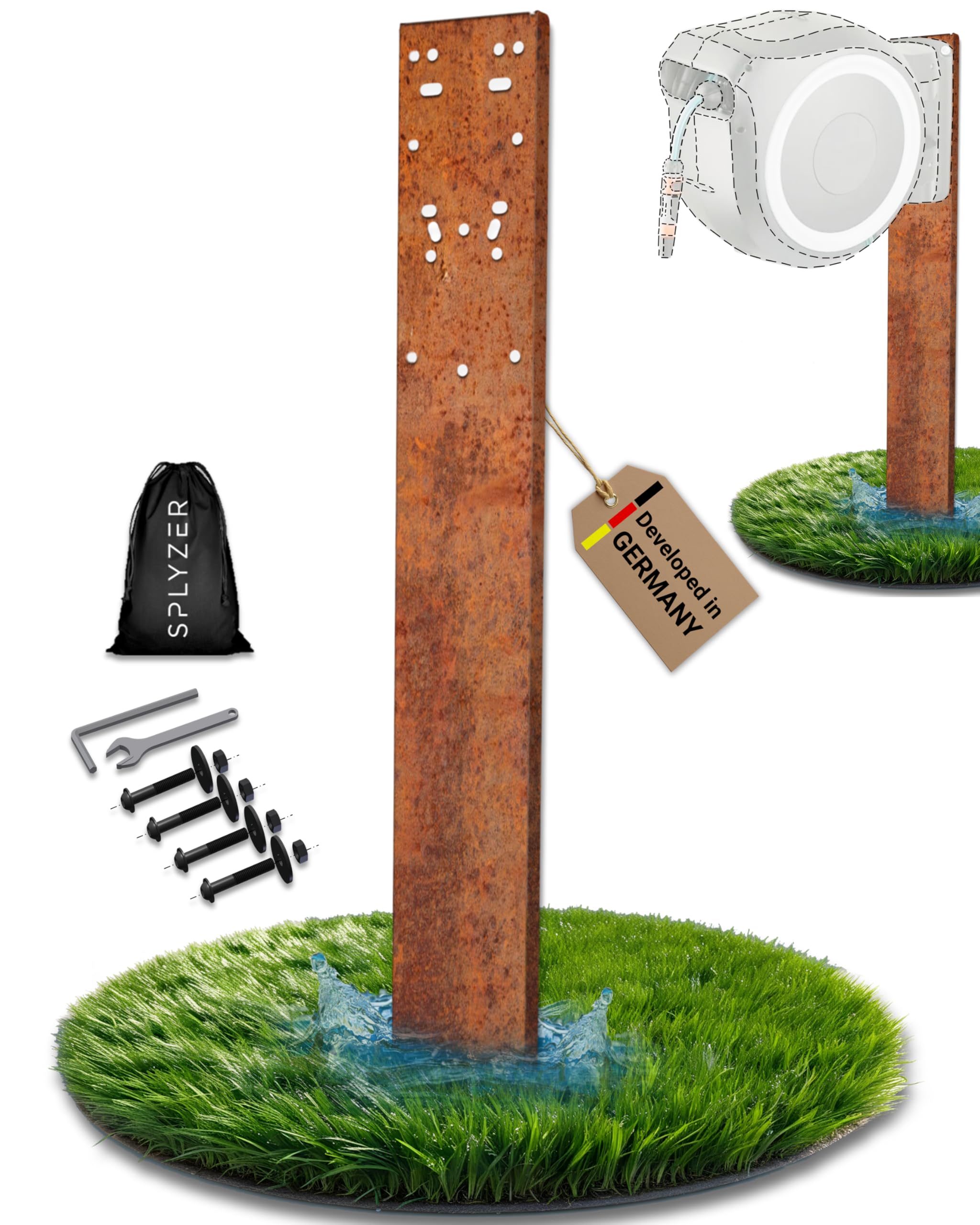 Schlauchbox Halterung zur Bodenmontage – Kompatibel mit GARDENA® Schlauchboxen & Gartenschlauch Trommeln – Wetterfester Ständer, Halter – Cortenstahl-Optik – SPLYZER®