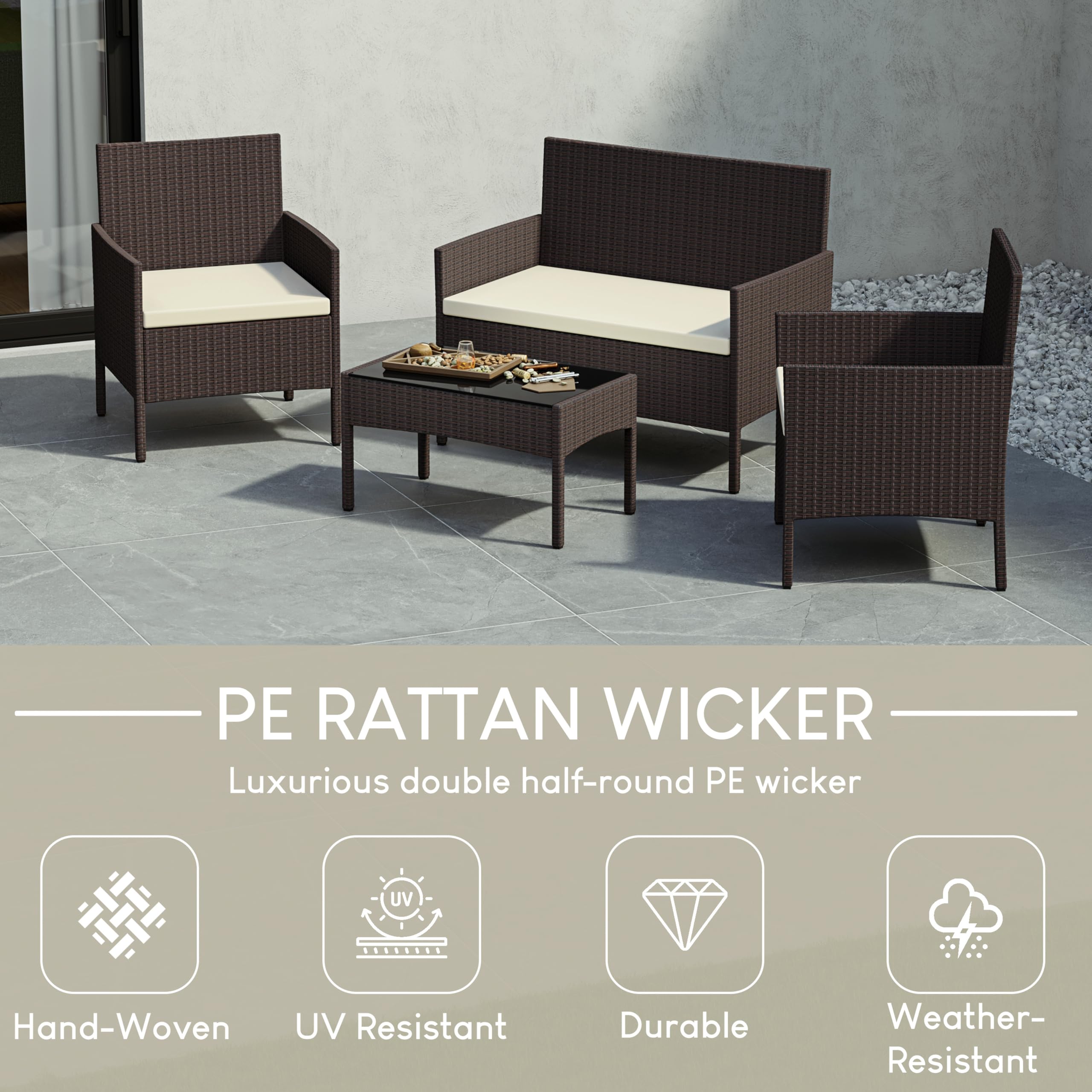 Garden Vida Kendal 4-częściowy zestaw rattanowy do siedzenia ogrodowego, brązowy (certyfikat (UKFR), meble ogrodowe, patio, na zewnątrz