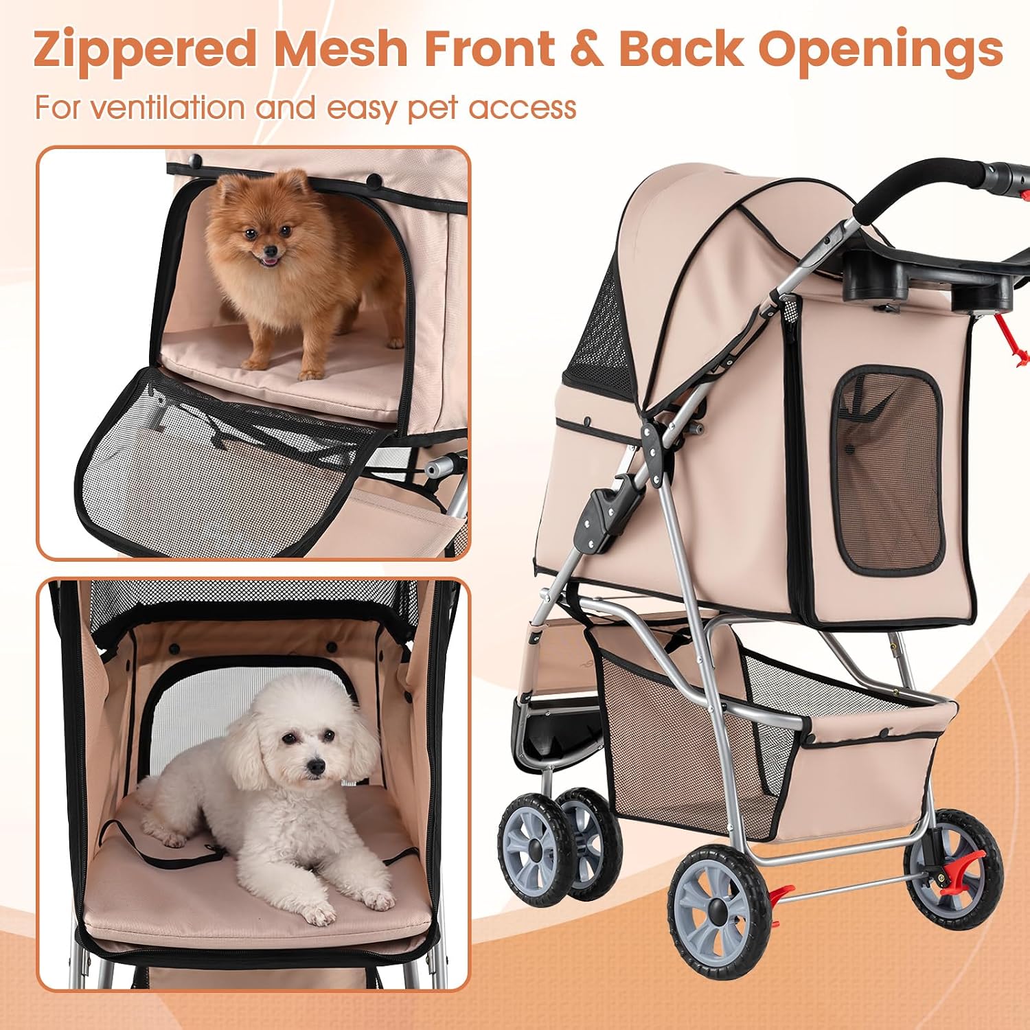 PETSITE 3-Wheel Pet Stroller, Foldable Dog Strollers for Small Dogs with Breathable Mesh, Waterproof Cover, All-Terrain Wheels, Cup Holder, and Storage Basket, Ideal for Dogs Cats up to 33 lbs (Beige)
