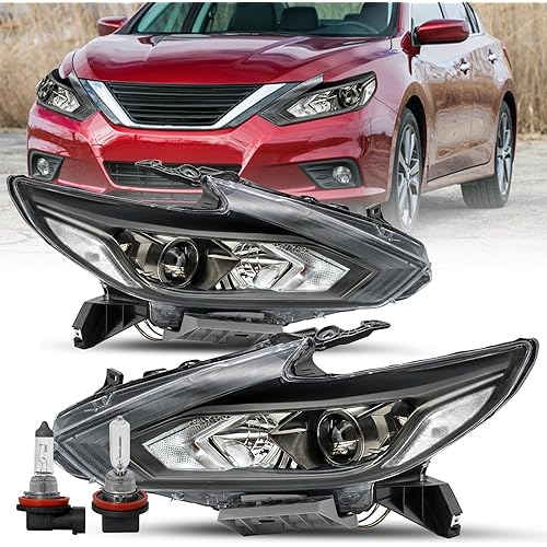 SOCKIR [Halogen Model Headlight Assembly Compatible with 2016-2018 Nissan Altima w/o LED DRL Black Housing with Clear Reflector Headlamp Pair Driver and Passenger Side