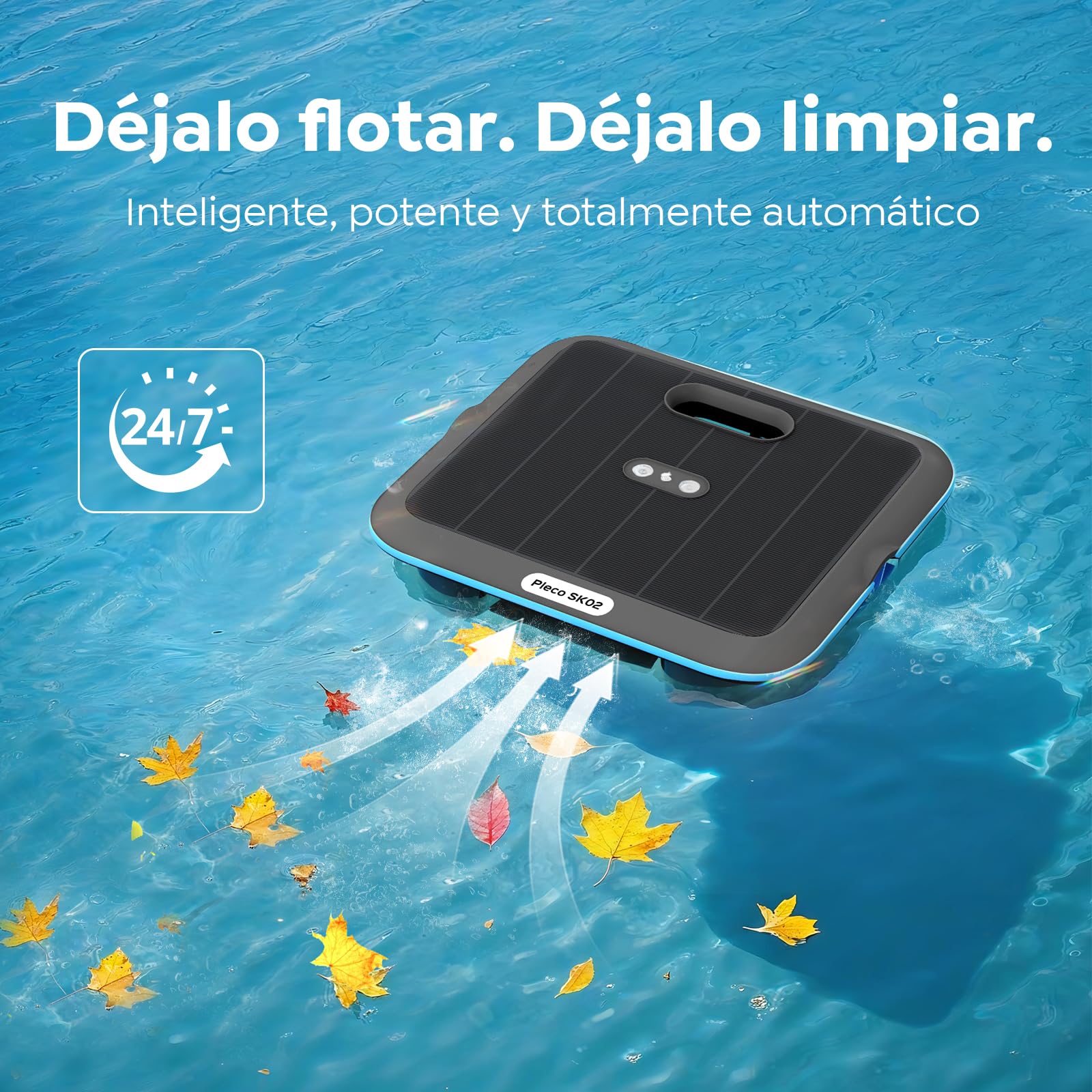 SK02 Robot Limpiafondos Piscina, Skimmer de Piscina Solar con Control App,Carga Dual, Sensor de Temperatura, Limpiador de Piscina Skimmer Automático 24/7