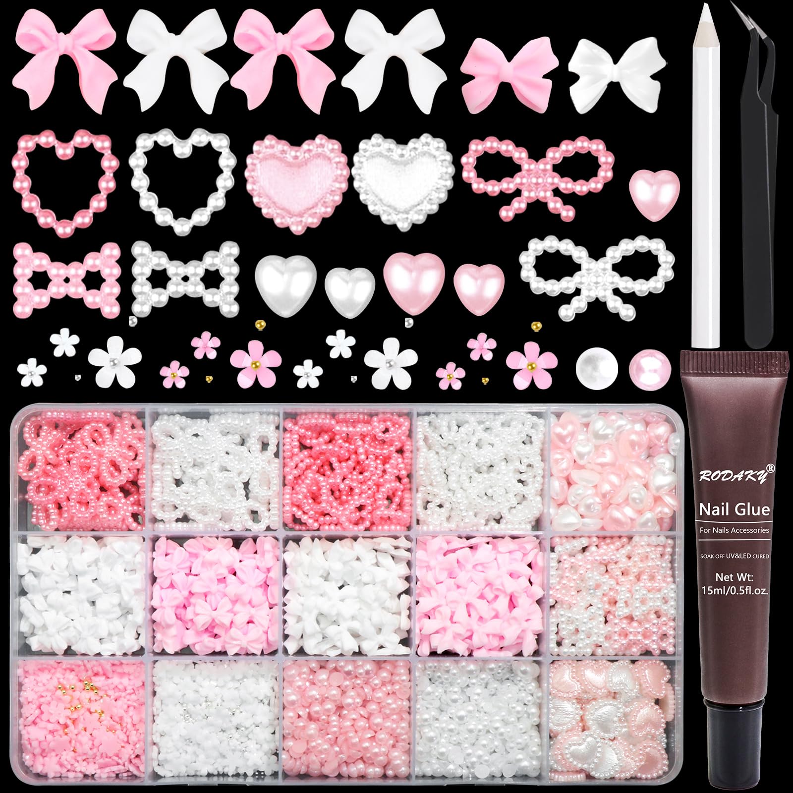 RODAKY Bow Nail Charms Pink White 3D Bowknot Heart Flower Art Charm Flatback Pearl Beads for Acrylic Nails Cute Kawaii Nail Decoration Accessories