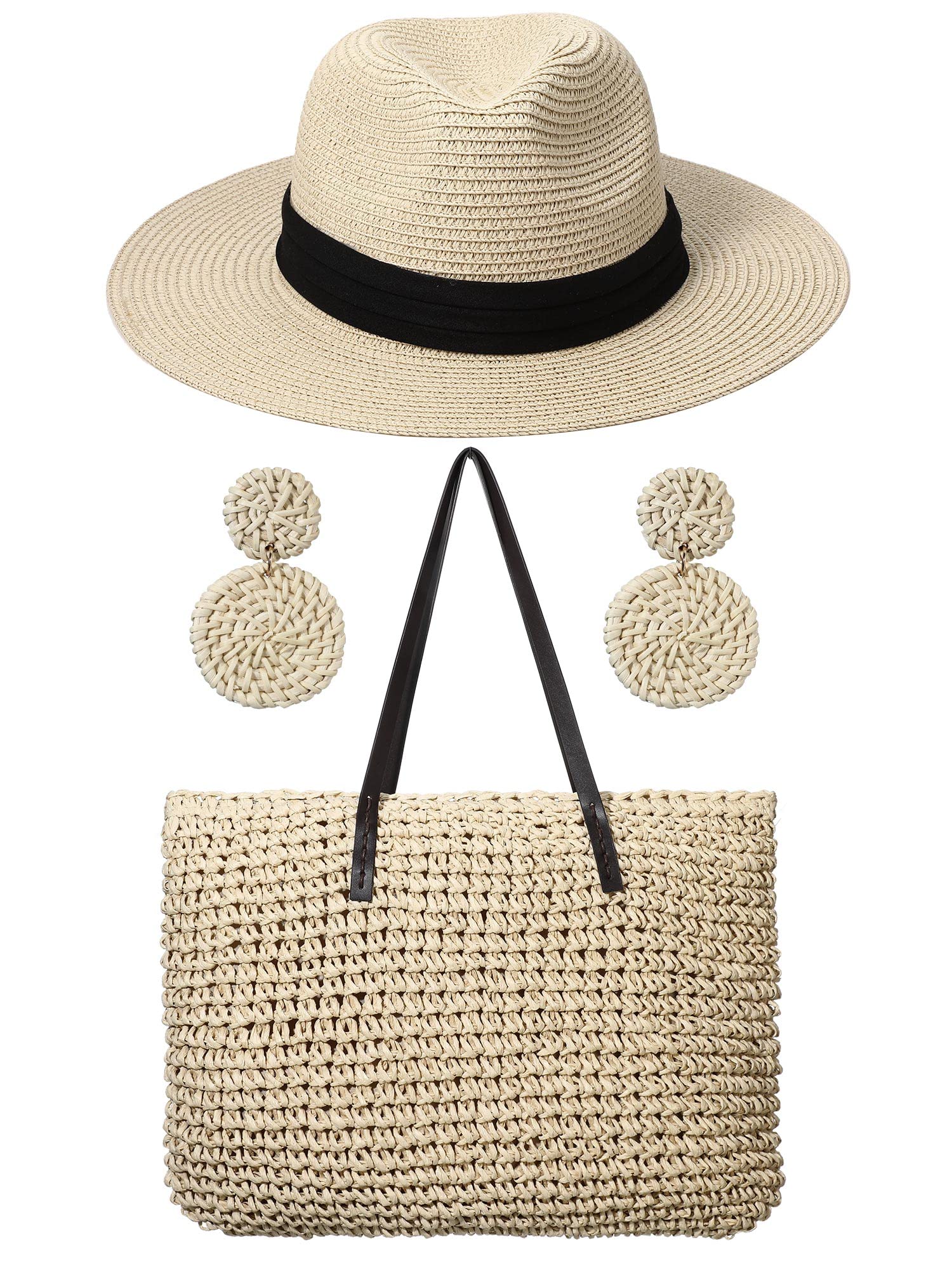 Straw Large Beach Bag for Women's woven beach bag and beach hats set Beach Handmade Shoulder Bag Handbag Bohemia Set