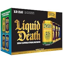 Liquid Death Soda-Flavored Sparkling Water - Classic Variety 2, Less Sugar*, Huge Flavor, No Artificial Sweeteners, 4 Flavors Sinister Ginger, Doctor Death, Cola, Root Beer, 12 Fl Oz Pack of 12