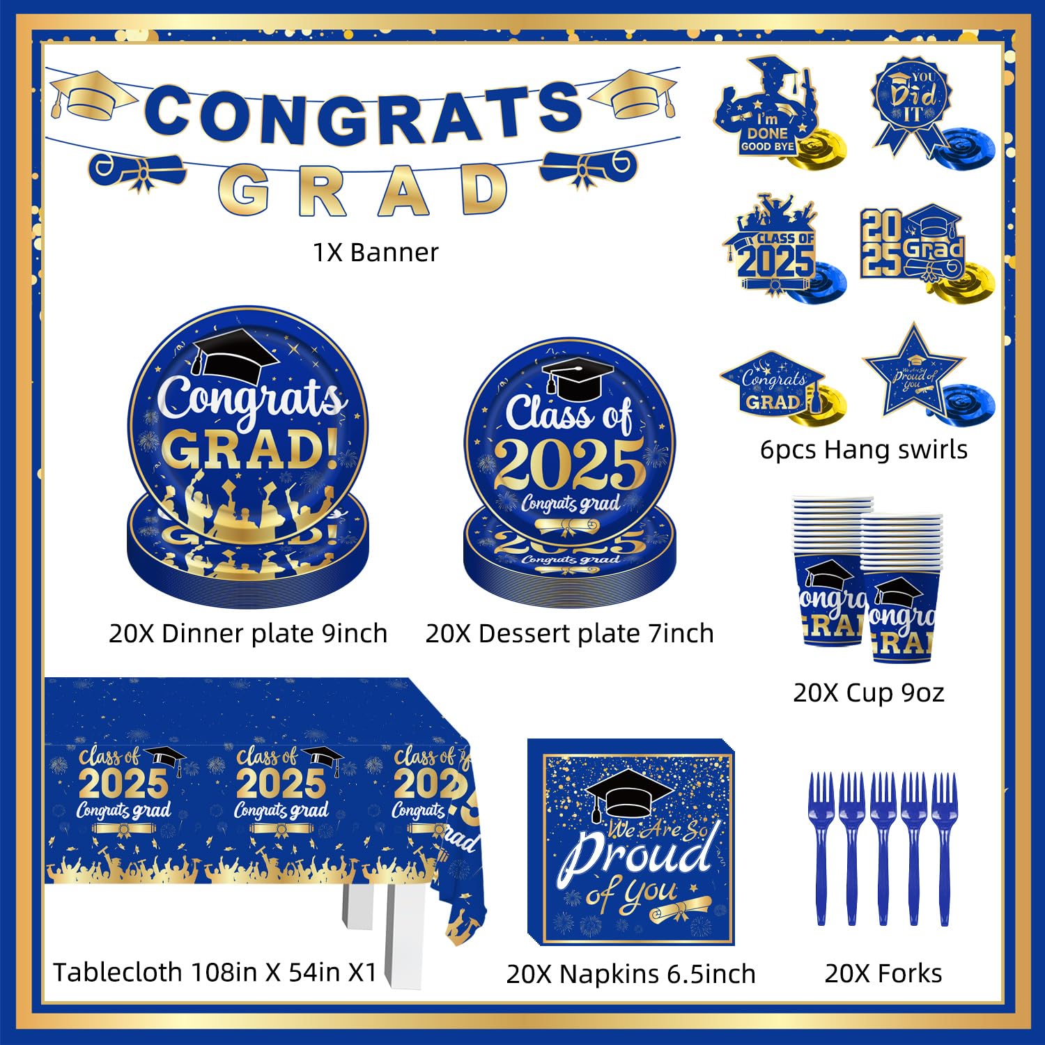 2025 Graduation Party Decorations Blue, Disposable Graduation Tableware Set for 20 Guests, Plates, Fork, Napkins, Cups, Tablecloth, and Congrats Grad Banner for Congrats Grad Decorations