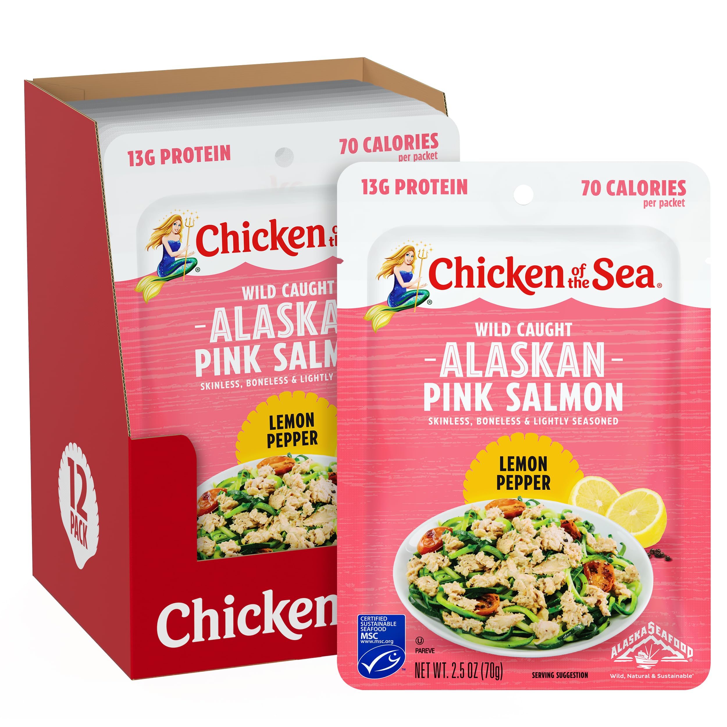 Chicken of the Sea Alaskan Pink Salmon, 2.5 Ounce Packets (Box of 12), Wild Caught Salmon, Lemon Pepper
