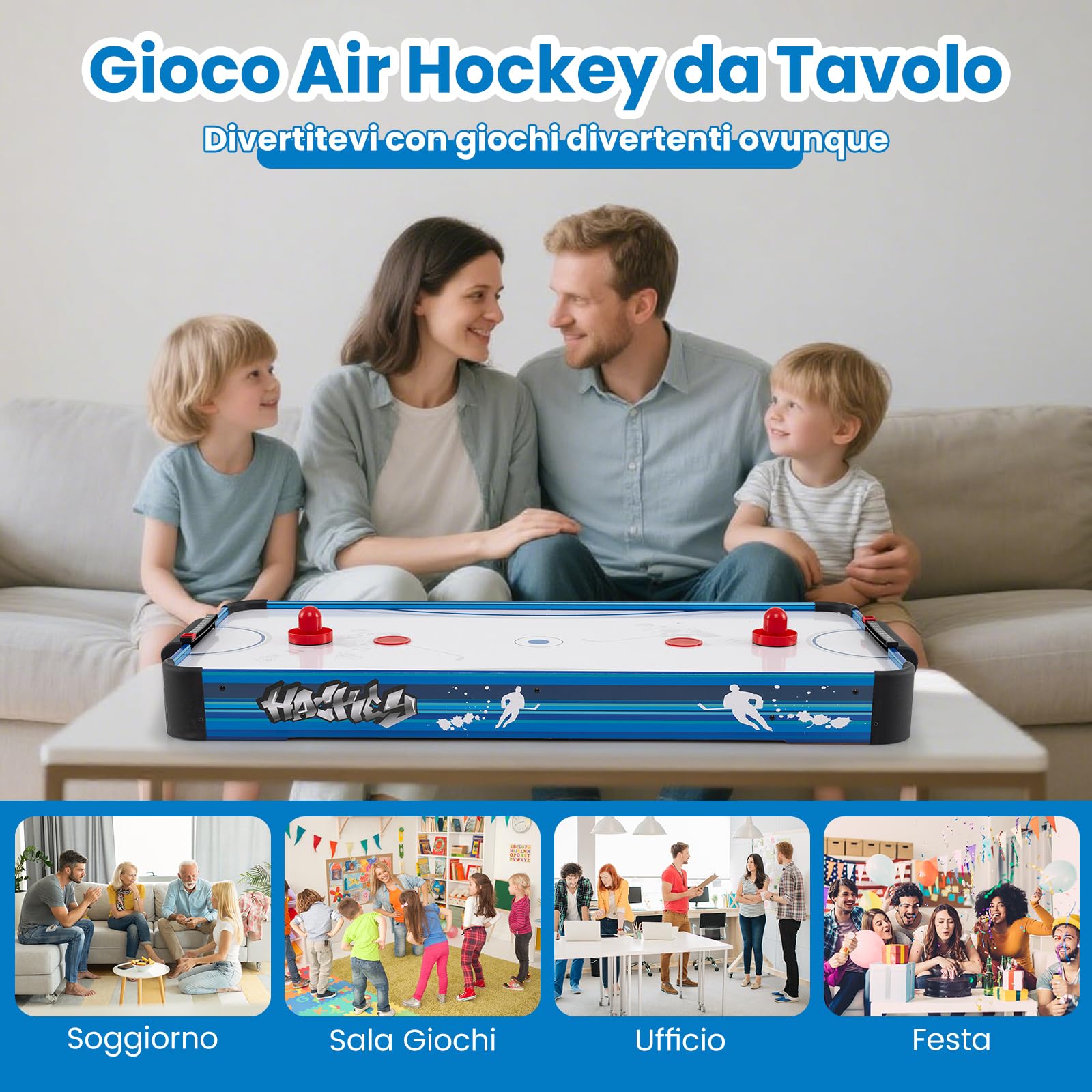COSTWAY Tavolo da Air Hockey, con 12V Motore Elettrico Potente, 2 Dischi e 2 Spintori, Air Hockey da Tavolo per Sala Giochi Casa Ufficio, 108x50,5x10 cm