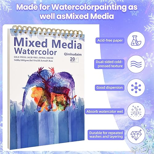 Miniatura 5 de Qlmhudaim Mixed Media - Cuaderno de bocetos de 4 x 4 pulgadas, 30 hojas de 140 libras, espiral encuadernado con lágrima, línea, grado artístico,