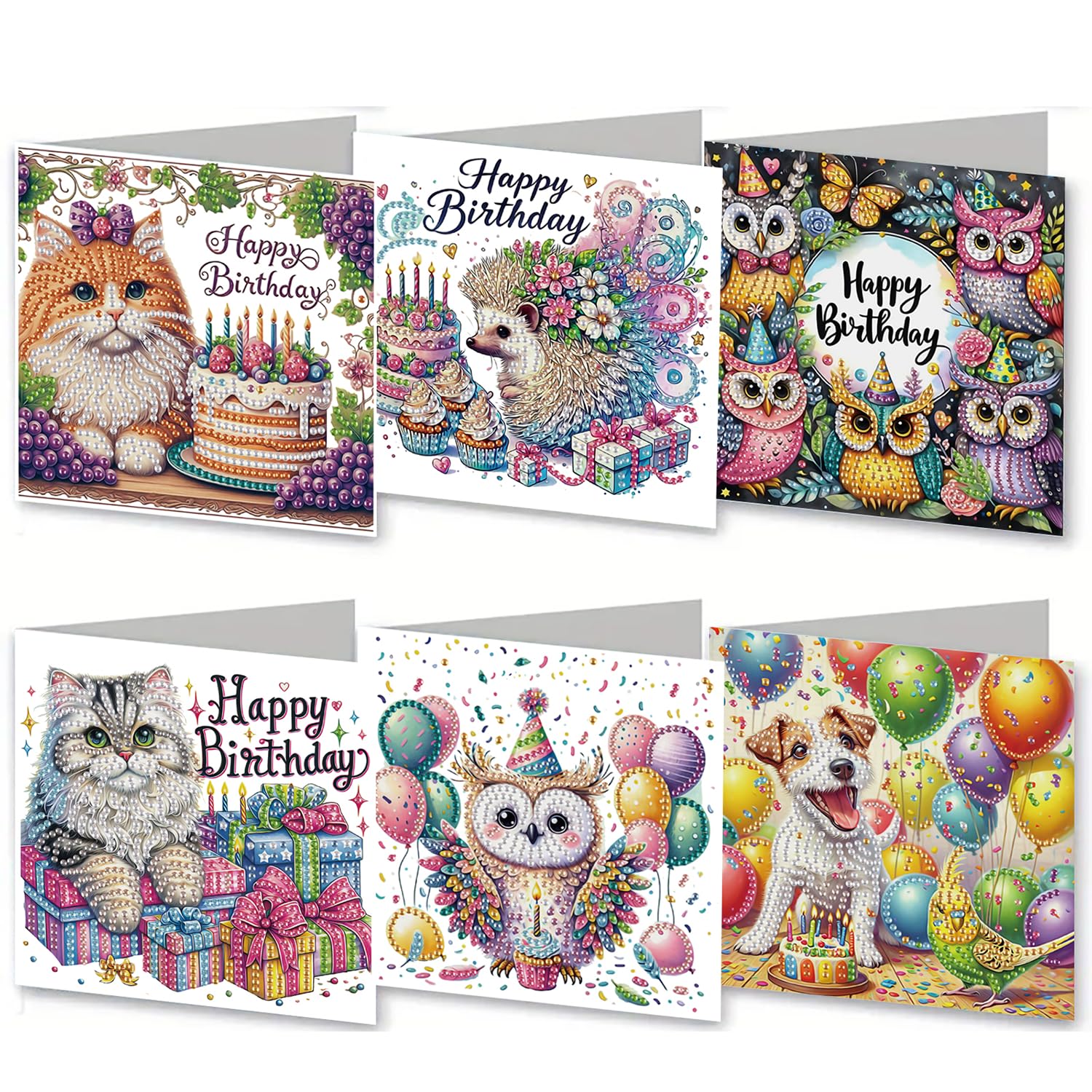 6PCS 5D DIY Diamond Art Cards with Envelopes and Tools, Crystal Diamond Painting Greeting Card for Birthday Holiday Mother's Day Thank You (Animal)