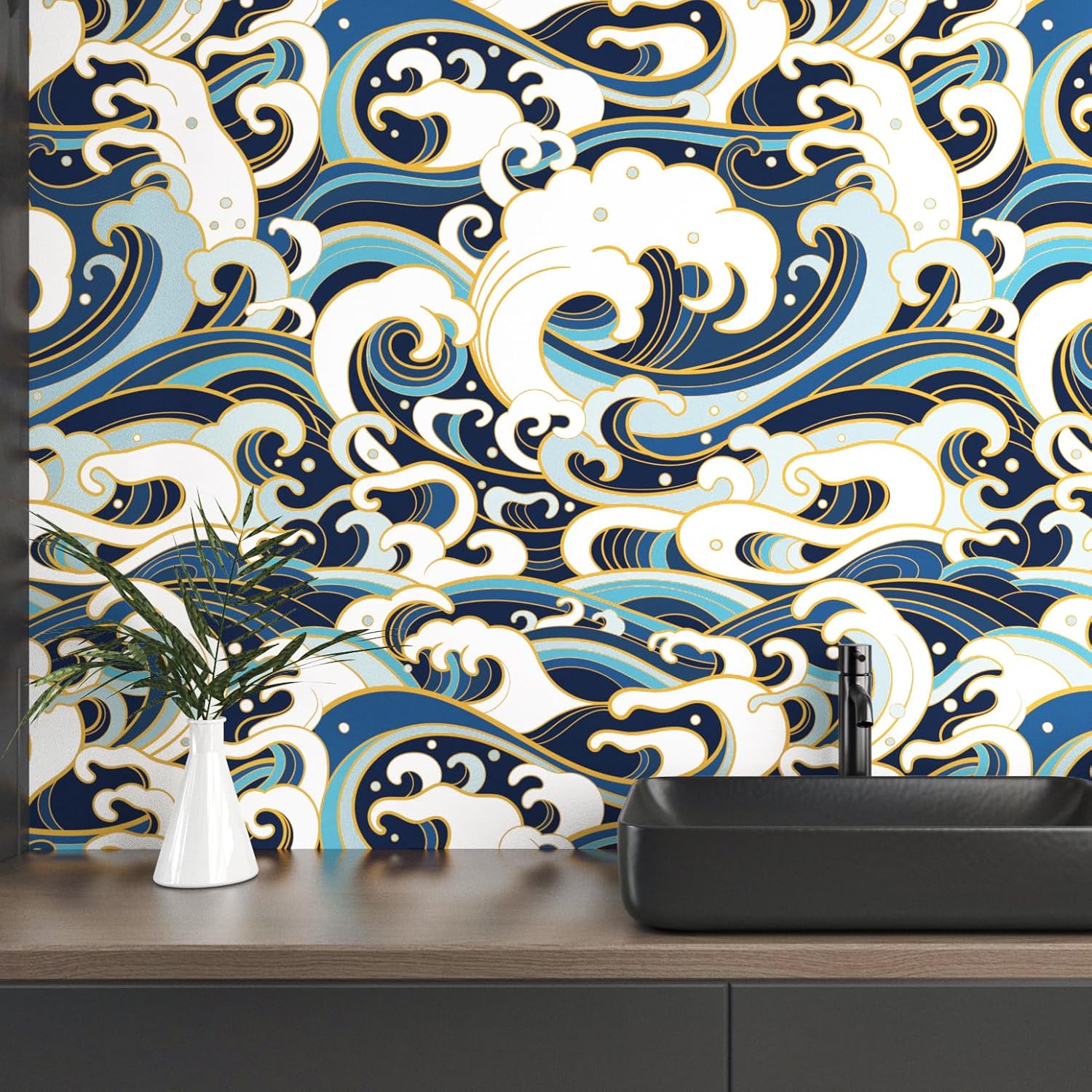 Blue Wave Wallpaper Peel and Stick Coastal Wall Murals for Bathroom Bedroom Removable Sea Spray Self Adhesive Stick on Wallpaper Contact Paper for Cabinets Modern Art Wall 17.5x102 in