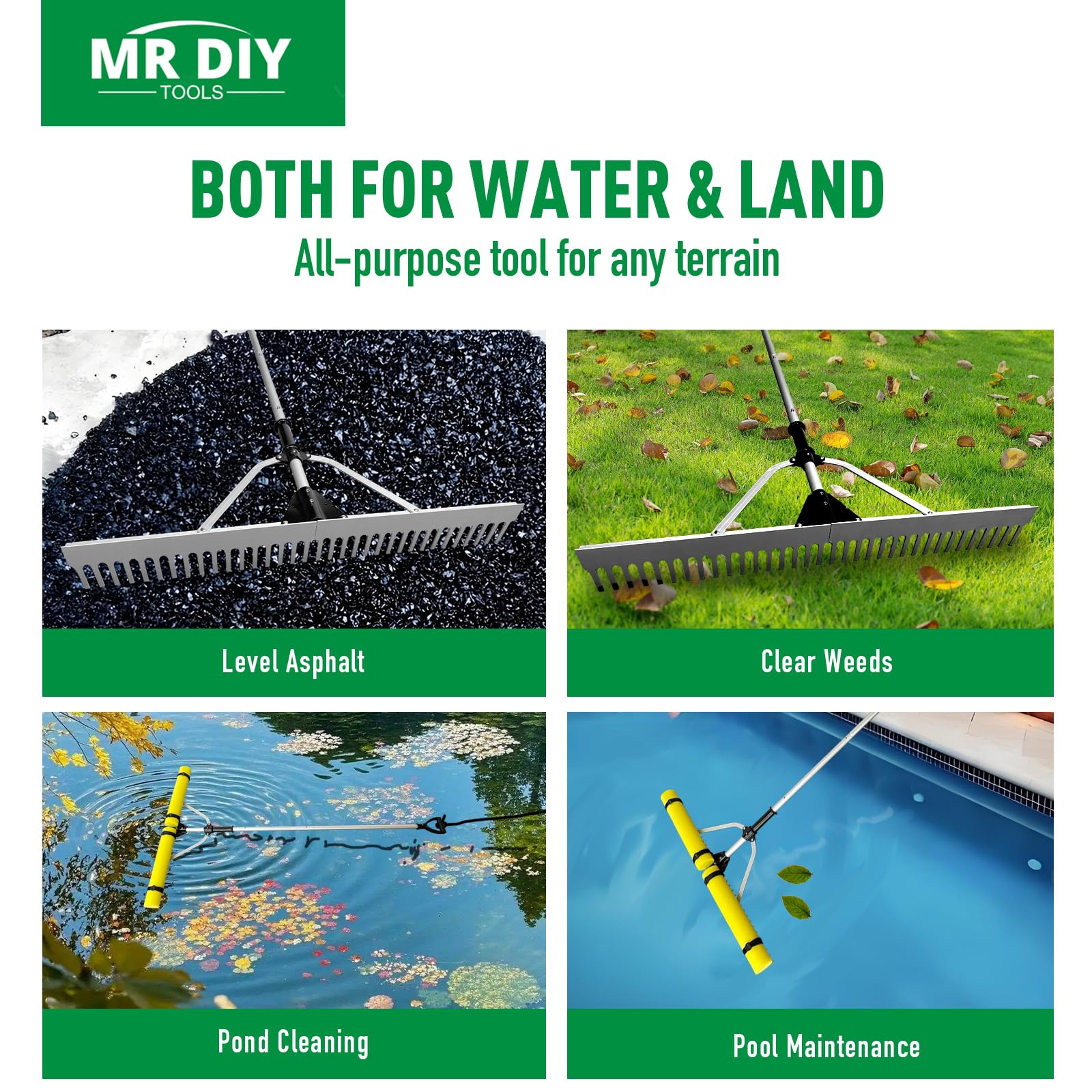 Rastrillo de paisaje, cabeza de aluminio de 36 pulgadas, resistente, rastrillo de malezas de lago con mango de extensión ajustable de 103 pulgadas, cuerda de 6 m y flotador, para aflojar el suelo