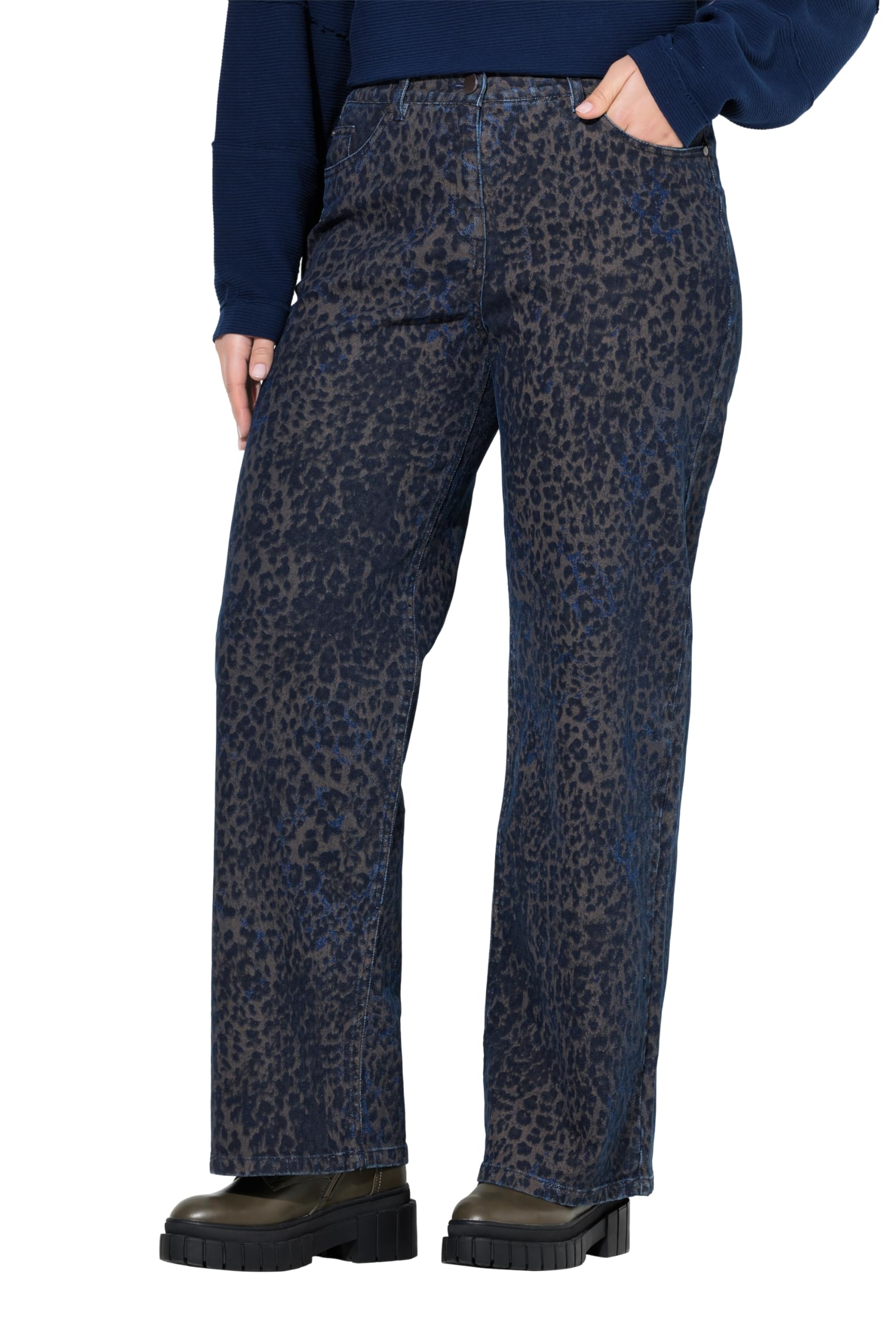 Ulla Popken Damen große Größen Übergrößen Plus Size Jeans Mary, Leomuster, weites Bein, Komfortbund 843053