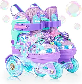 Patins de sereia para meninas e crianças, Mosoulais patins ajustáveis com 4 tamanhos de luzes para crianças, patins femininos iniciantes para uso interno e externo para presentes de aniversário de