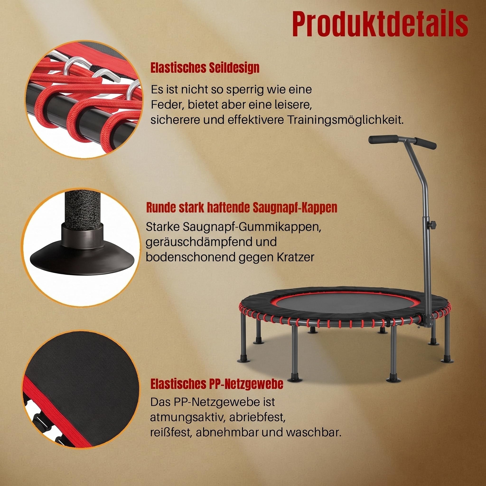 LIFERUN Trampolino elastico per interni, per adulti, diametro di 122/128cm, per allenamento, portata 150 kg, sospensione in corda in gomma stabile e silenziosa, manico regolabile in altezza a 3,Rosso