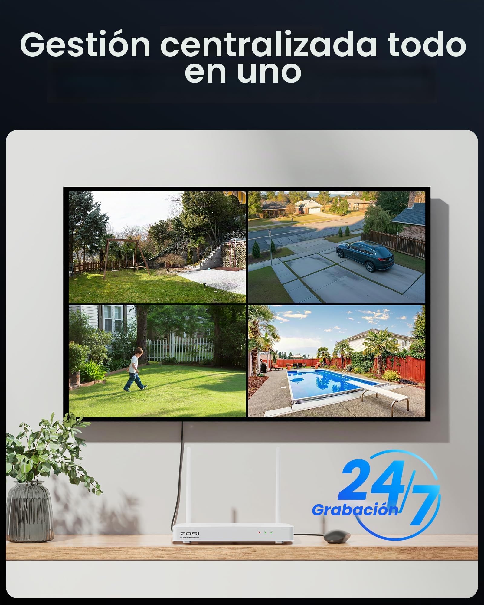 ZOSI Kit Cámaras de Vigilancia WiFi 4pcs 5MP Cámara Seguridad Exterior/Interior con 4K 8CH CCTV Grabador NVR y 1TB Disco Duro, Visión Nocturna Color, Detección de Persona y Vehículo, Grabación 24/7