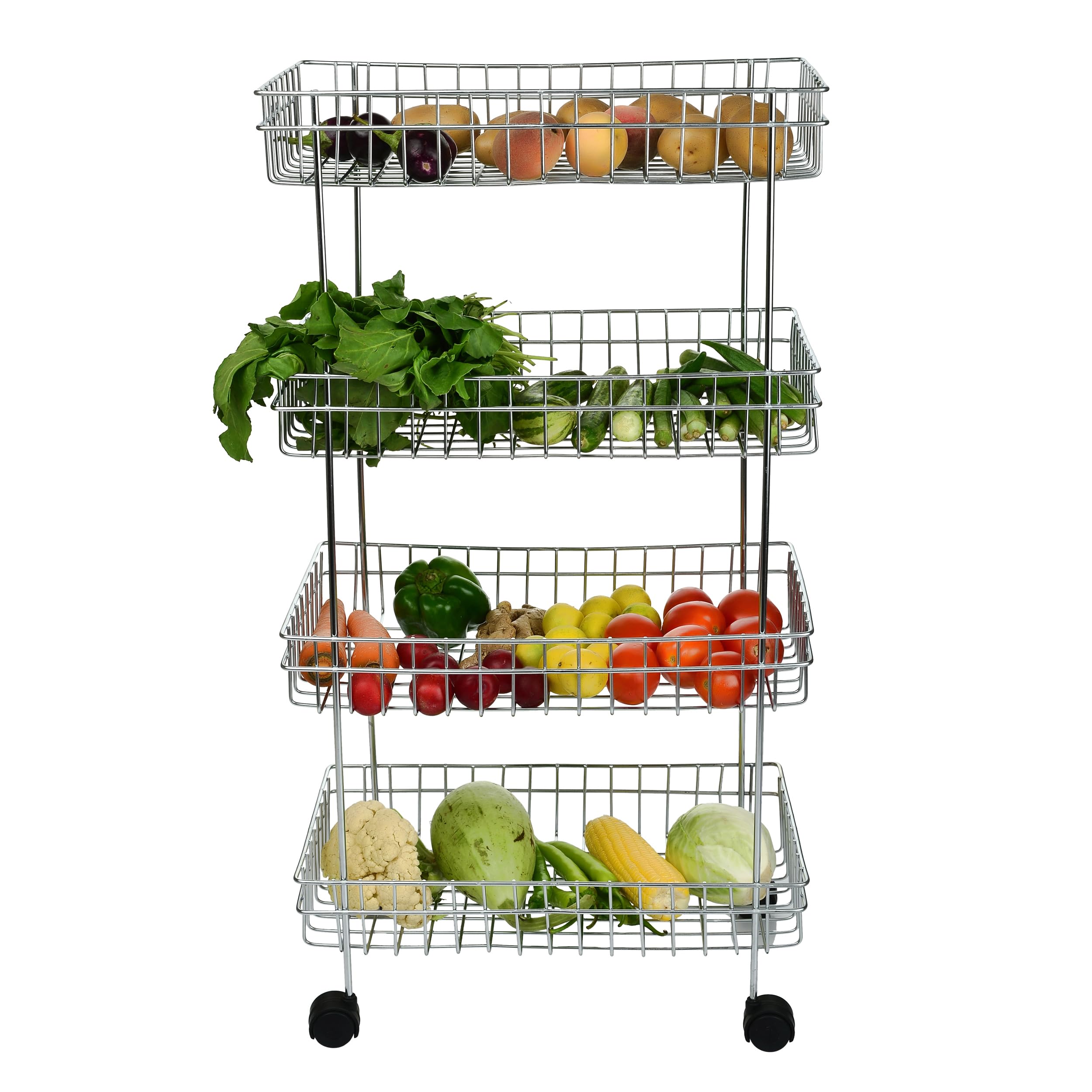 Stainless Steel Kitchen Trolley, Fruits & Vegetable Trolley Container, Basket Organizer Holder Stand for Kitchen, Multipurpose Kitchen Trolley with Wheel (4 Shelf)