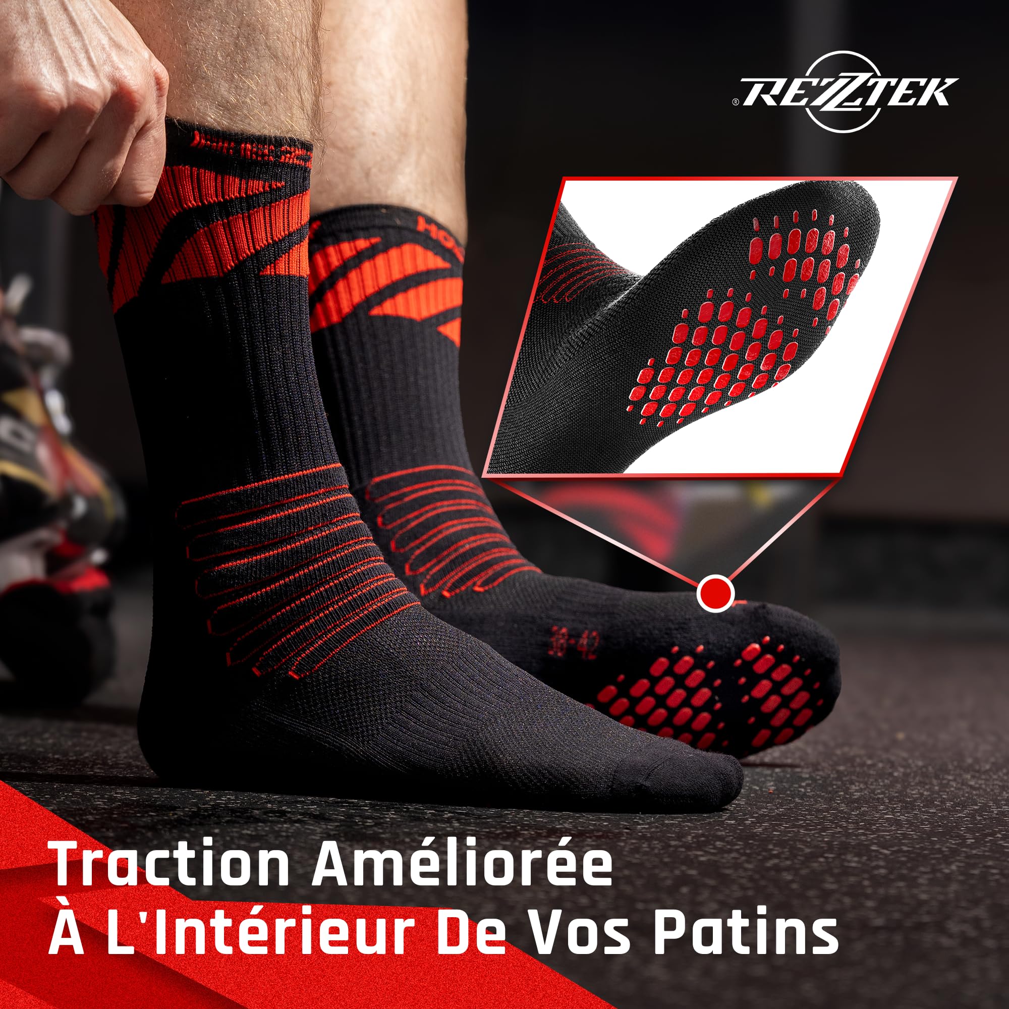 Rezztek Chaussettes de patins de hockey avec semelle antidérapante et protection anti-morsure