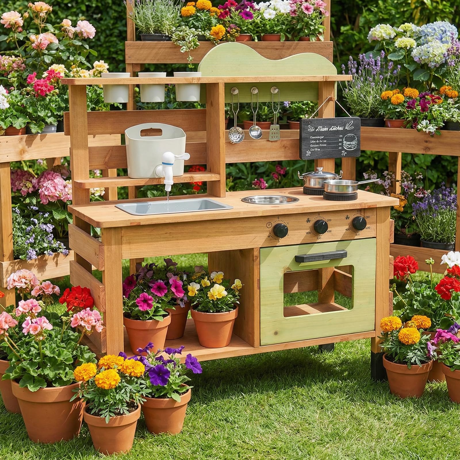 WoodenFun Cocina de juego para exteriores, cocina de jardín, cocina de barro para niños, con pizarra, hervidor de agua, fregadero, recipiente para plantas de madera, cocina infantil (verde)