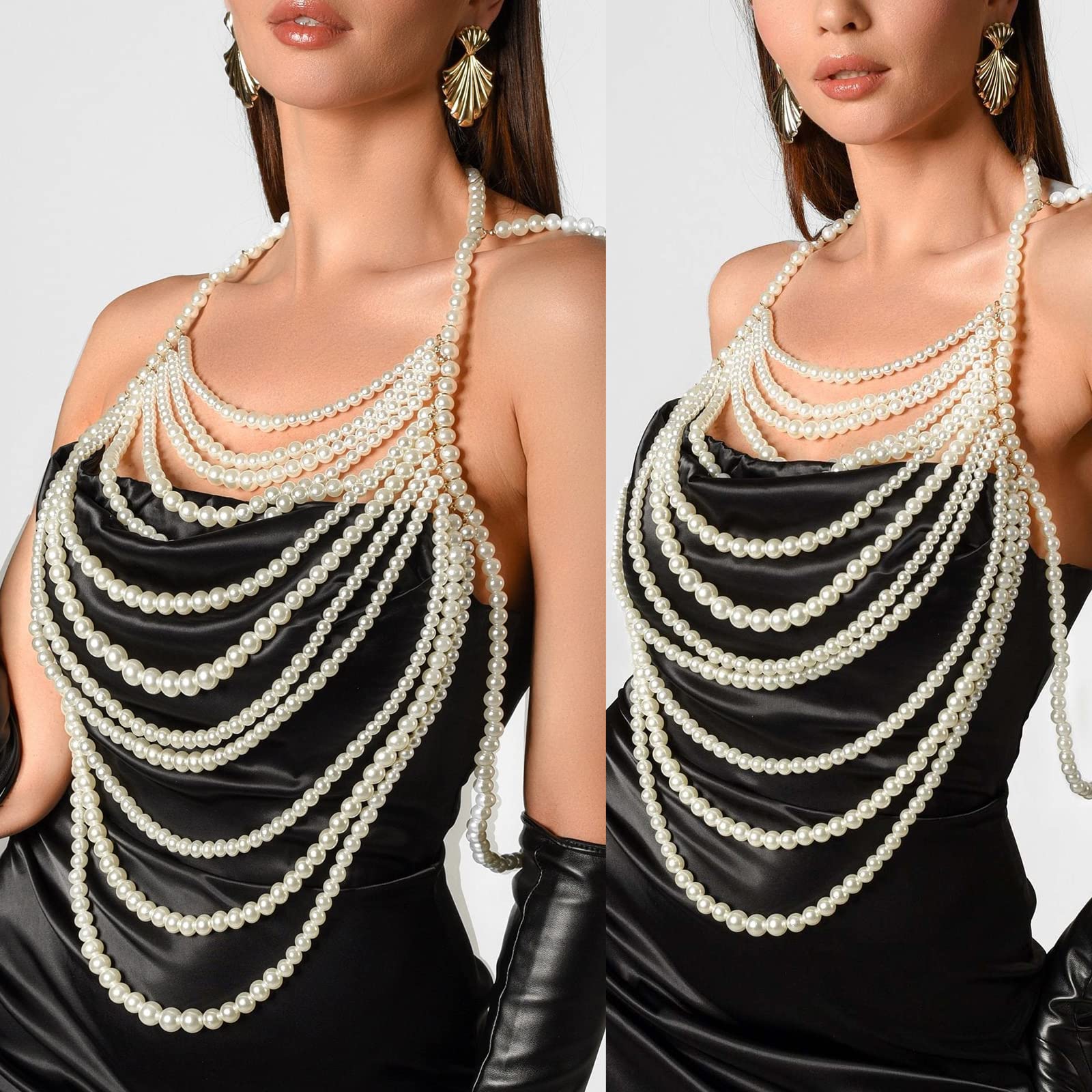 Collana multistrato con perline e perle per il corpo, bralette pettorale, gioiello per il corpo