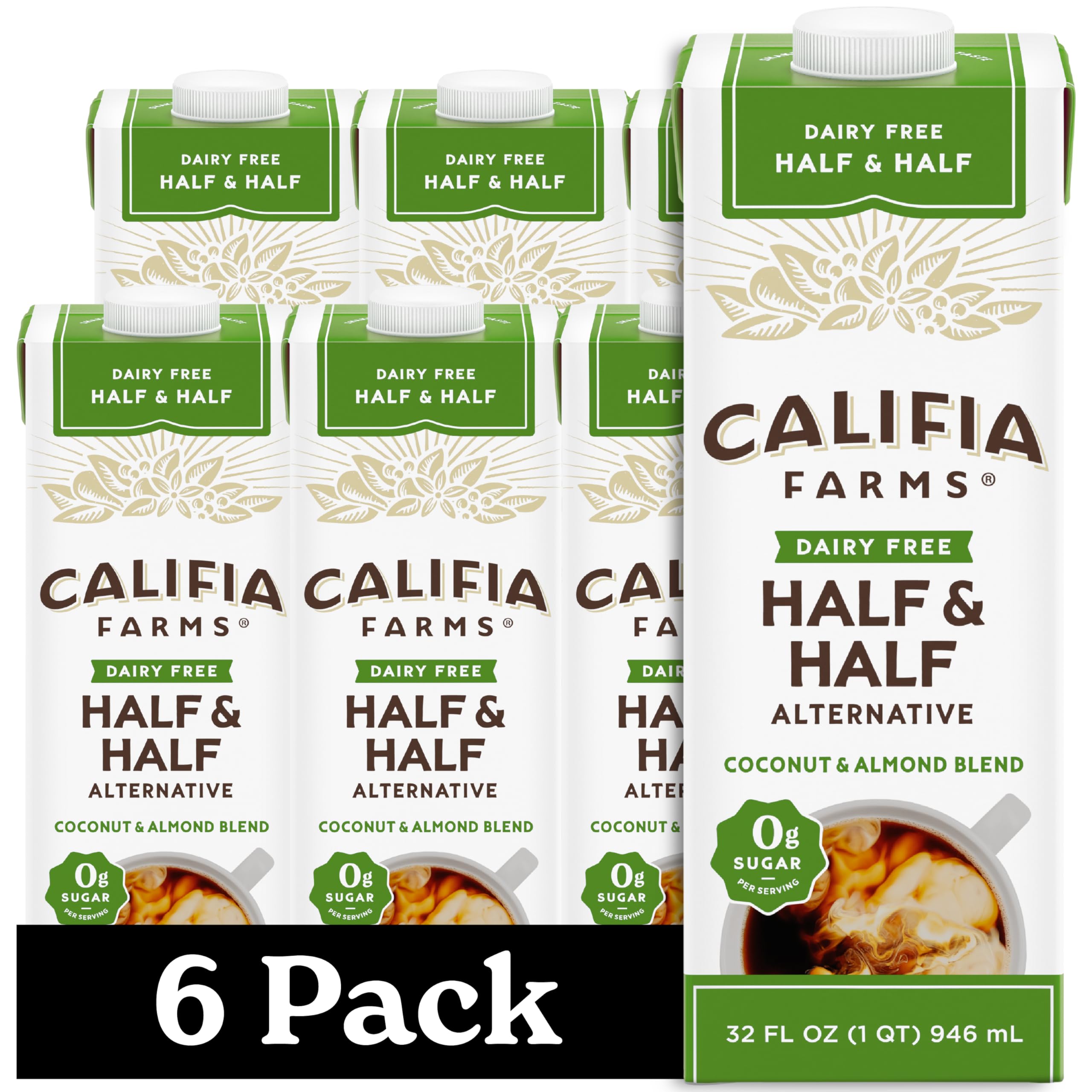 Unsweetened Better Half, Half and Half Substitute, 32 Oz (Pack of 6), Almond Milk, Coconut Cream, Coffee Creamer, Keto, Shelf Stable, Dairy Free, Plant Based, Vegan