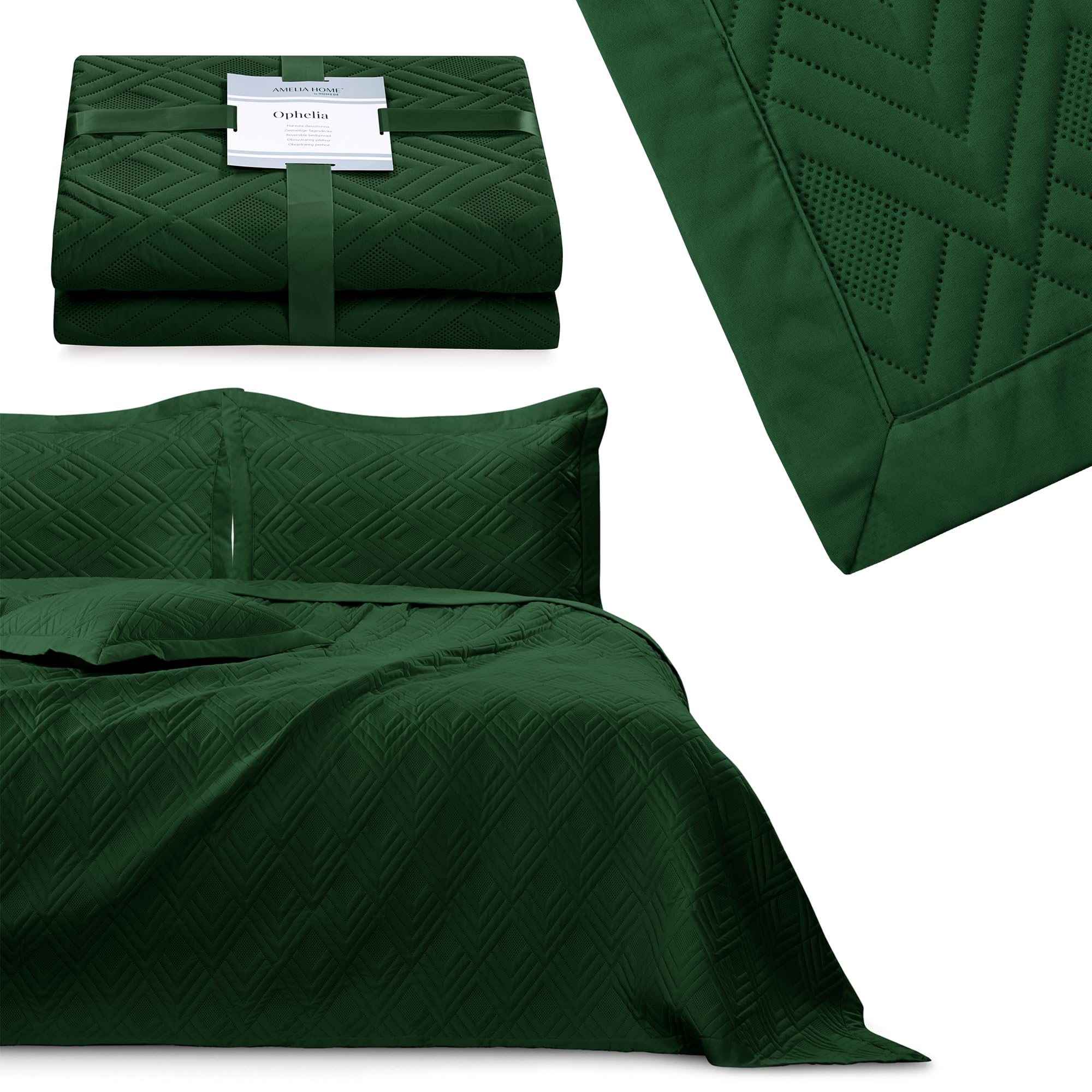 AmeliaHome Copriletto 240 x 260 cm double face Ultrasonic Trapuntatura Poliestere Ophelia Verde Scuro