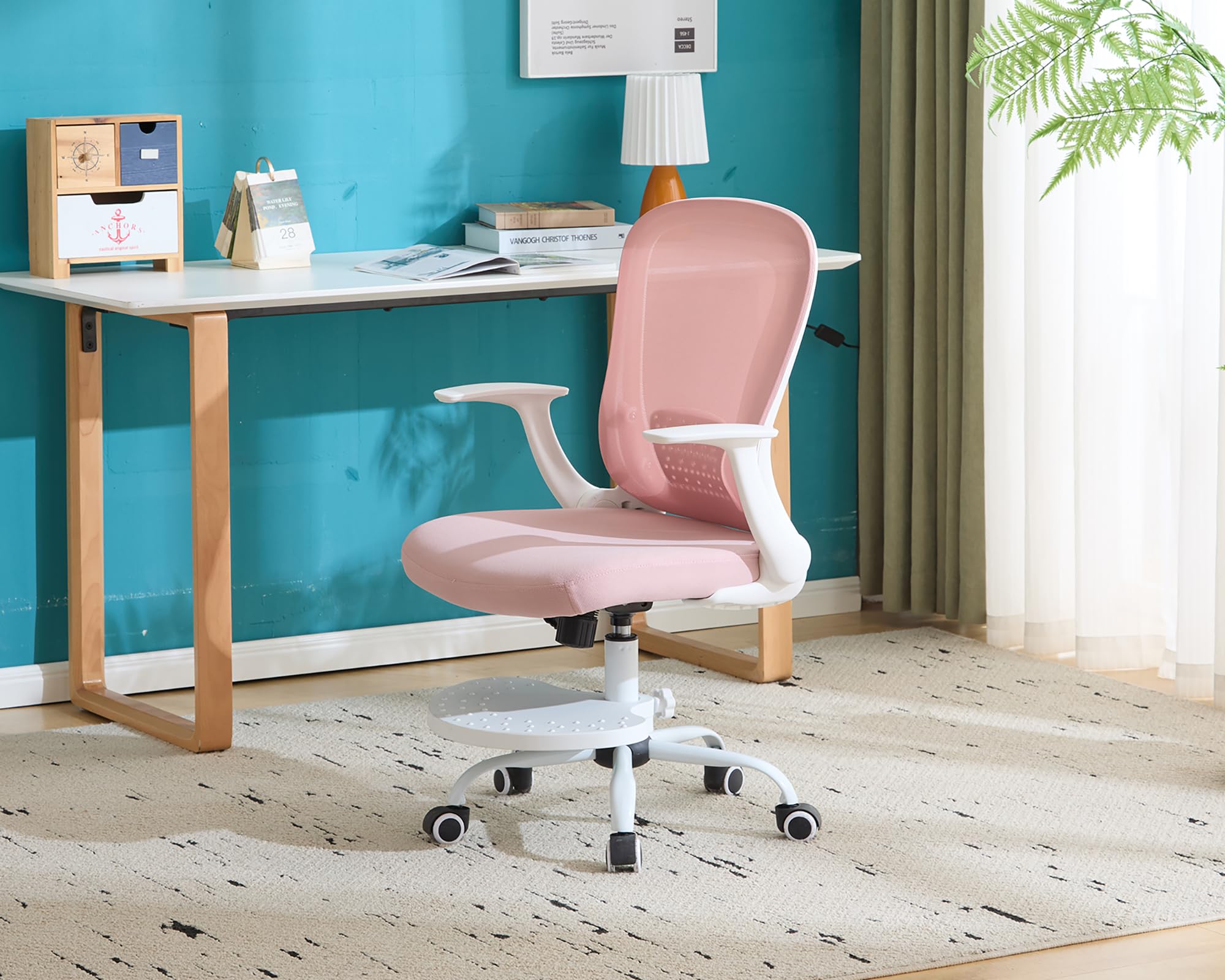 SOLLATI Kids Desk Chair Ergonomic Study Chair Swivel Mesh Desk Chair with Adjustable Arm Height Footrest Wheel Computer Home Office Chair for Children Boys Girls Students Bedroom School Age 5-13 Pink