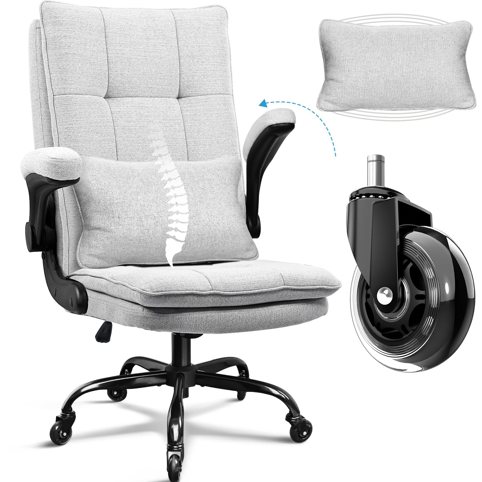 BASETBL Executive Office Chair with Flip-up Armrest, Office Chair for Home, Ergonomic Comfy Desk Chair Swivel Work Chair, Adjustable Height, Skin-friendly Fabric Breathable Bigger and Taller (Gray)