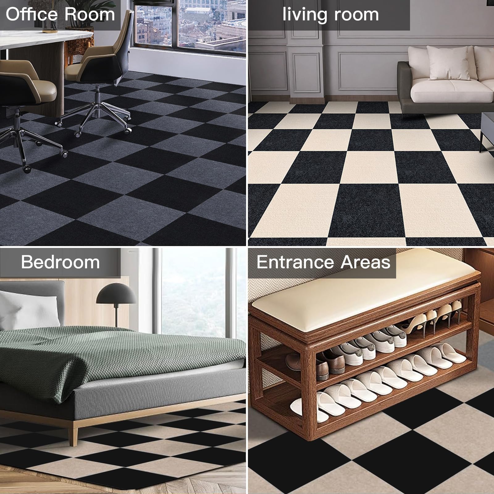 Azulejos de alfombra autoadhesivos, 30 x 30 cm, juego de 10 unidades, 0,9 m², alfombra con respaldo, autoadhesiva, alfombra resistente para el hogar, oficina, comercio, negro
