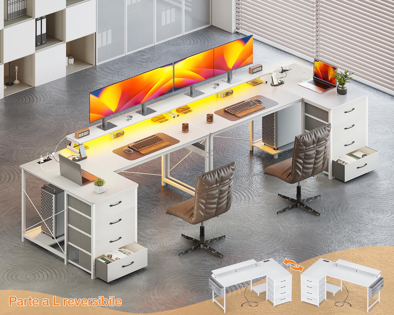 ODK Scrivania Gaming Angolare, Scrivania Angolare Reversibile con 4 Cassetti, Tavolo a Forma di L con LED e 2 Porte di Ricarica USB e 2 Prese di Corrente per Casa Ufficio (Bianco, 160x80x84.7cm)