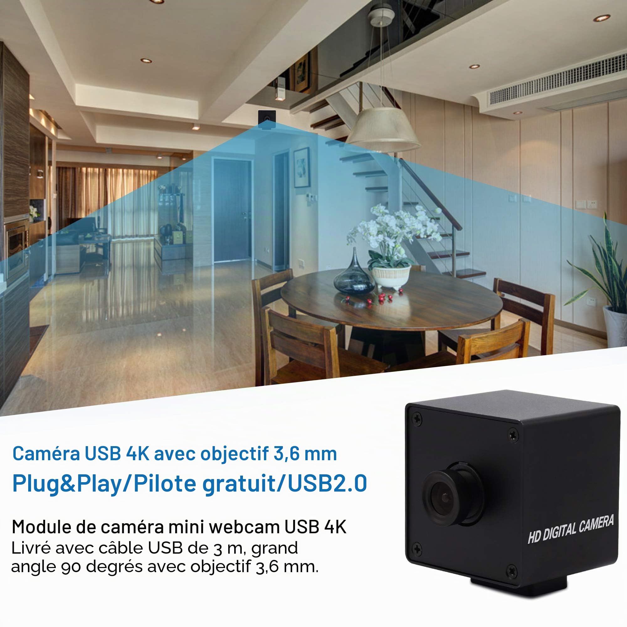 ELP Caméra 5 MP avec Obturateur Global 50 FPS, Swing de Golf Haute Vitesse, Webcam USB avec Objectif Couleur Grand Angle Sans Distorsion pour Machines Industrielles Ralenties