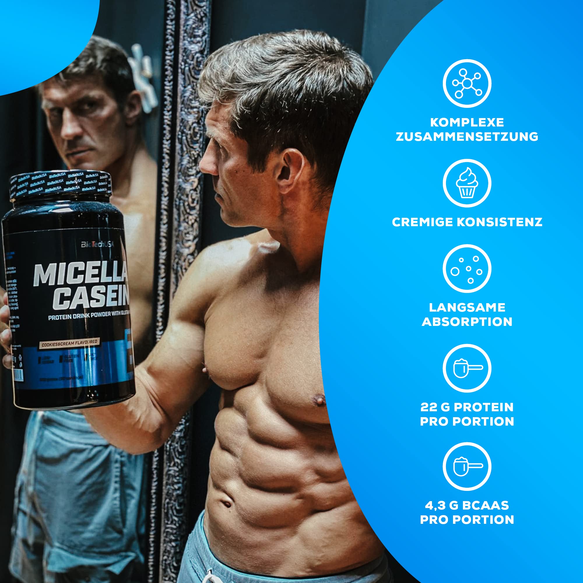 BioTechUSA Micellar Casein | Mit mizellarem Casein | Zusatz von L-Glutamin | Langsam resorbierendes Casein | Niedriger Zuckergehalt | Glutenfrei | 18g Eiweiß pro Portion | 908 g, Schokolade