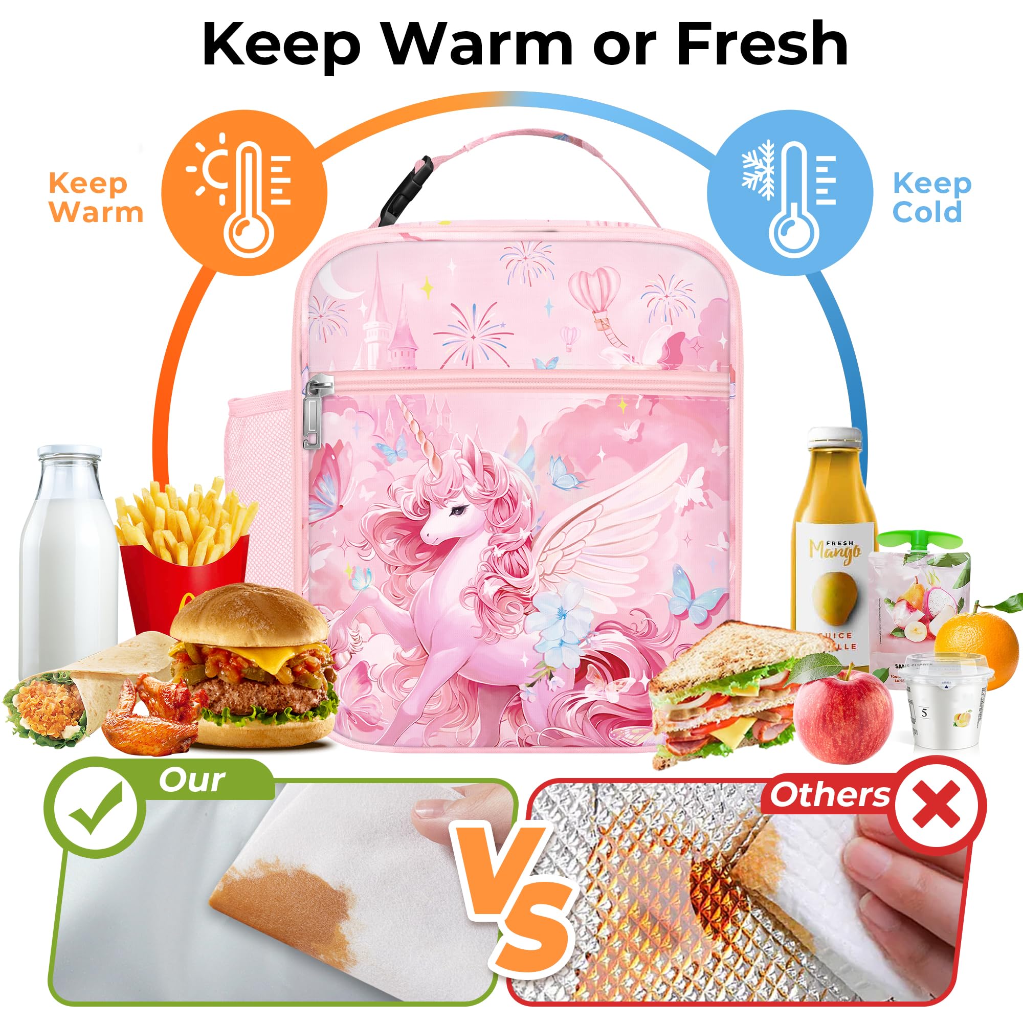 Clastyle Unicorn Insulated Lunch Bag Large Thermal Cooler Bag for Girl Picnic Lunch Box Tote Pink Unicorn Angle - Image 3