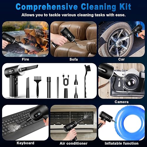 Miniatura 6 de Plumero de aire comprimido, 3 engranajes, ajustable, 100000 RPM, plumero de aire eléctrico con luz LED, soplador de aire inalámbrico recargable para