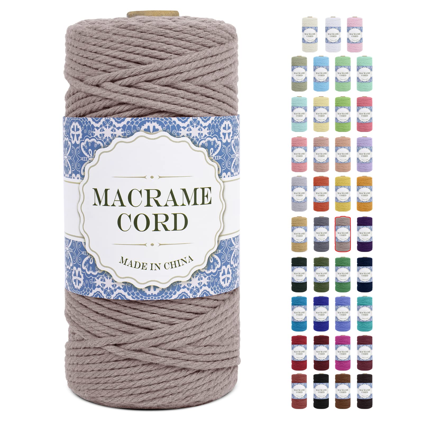 Gomitolo Di Filo Per Macramè 3mm X 100m - Cordoncino In Cotone Naturale Grigio - Per Tende, Arazzi E Decorazioni Boho