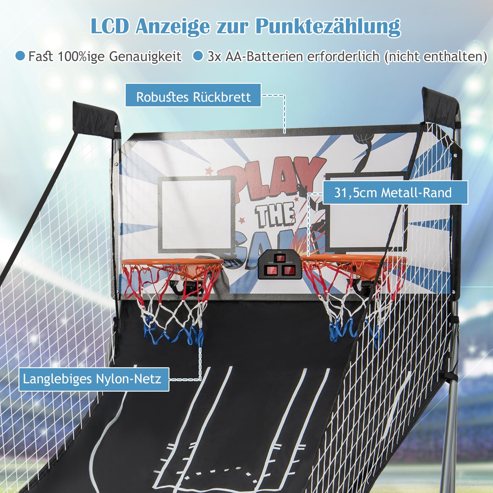 GYMAX Automat Basketballkorb, faltbar Elektronische Basketballspiel mit 8 Spieleinstellungen & elektronischer Anzeigetafel, Schießmaschine inkl. 4 Bällen & 2 Fangkörben (Schwarz)