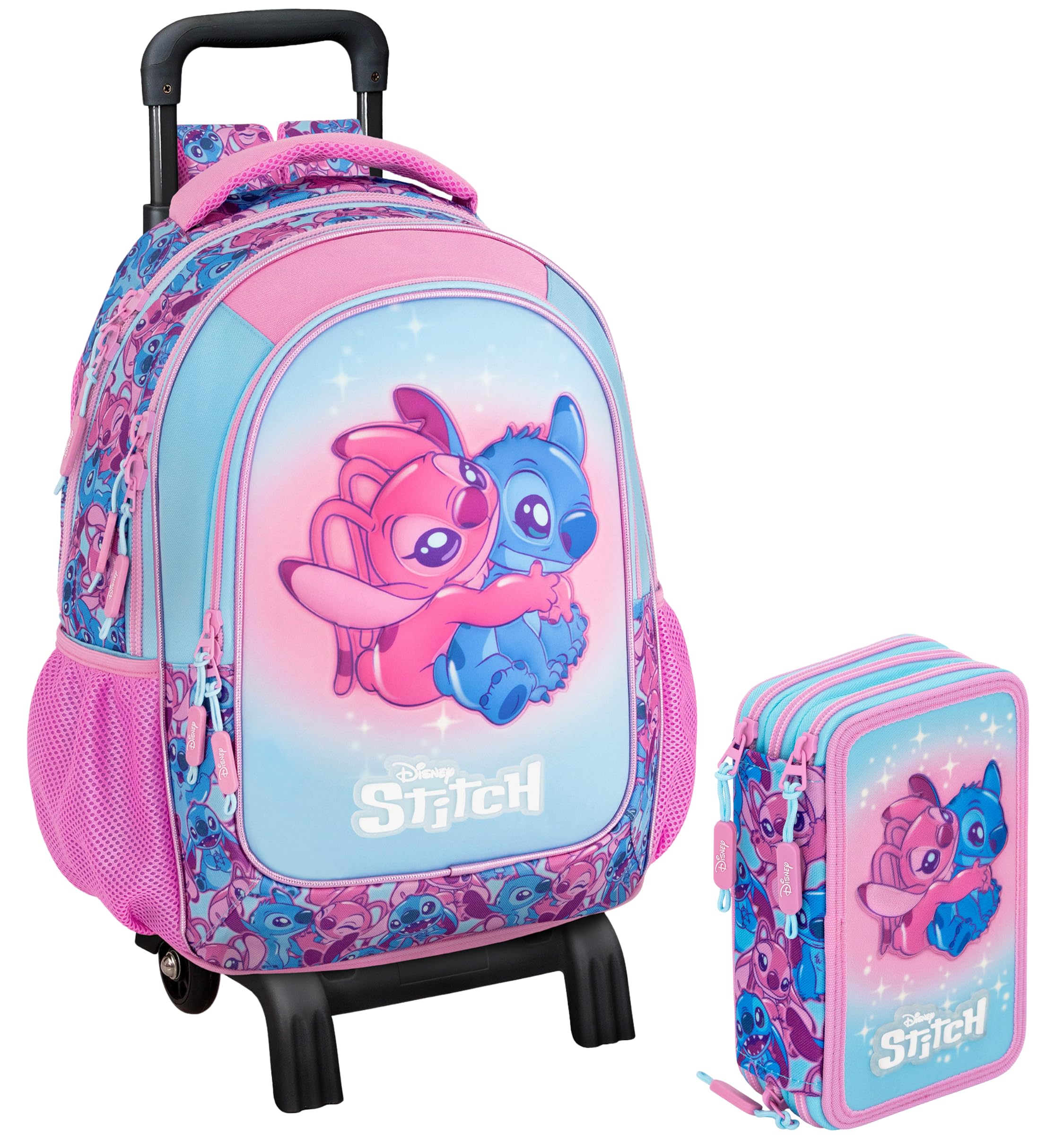 Clondo Set Scuola 2 Pezzi Per Stitch Fan Zaino Trolley Scuola 2in1 Ergonomico + Astuccio 3 Scomparti Completo (46 Accessori)