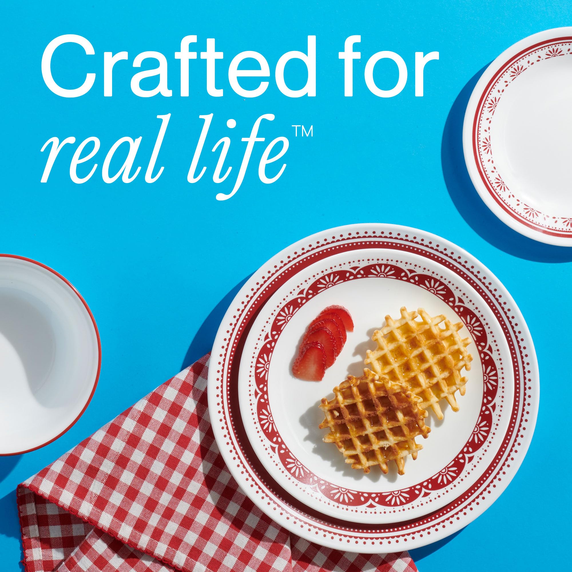 Corelle Everyday - Juego de vajilla de 18 piezas, servicio para 6, duradero y ecológico, juego de platos y cuencos de vidrio de borde superior, apto para microondas y lavavajillas, Sadie
