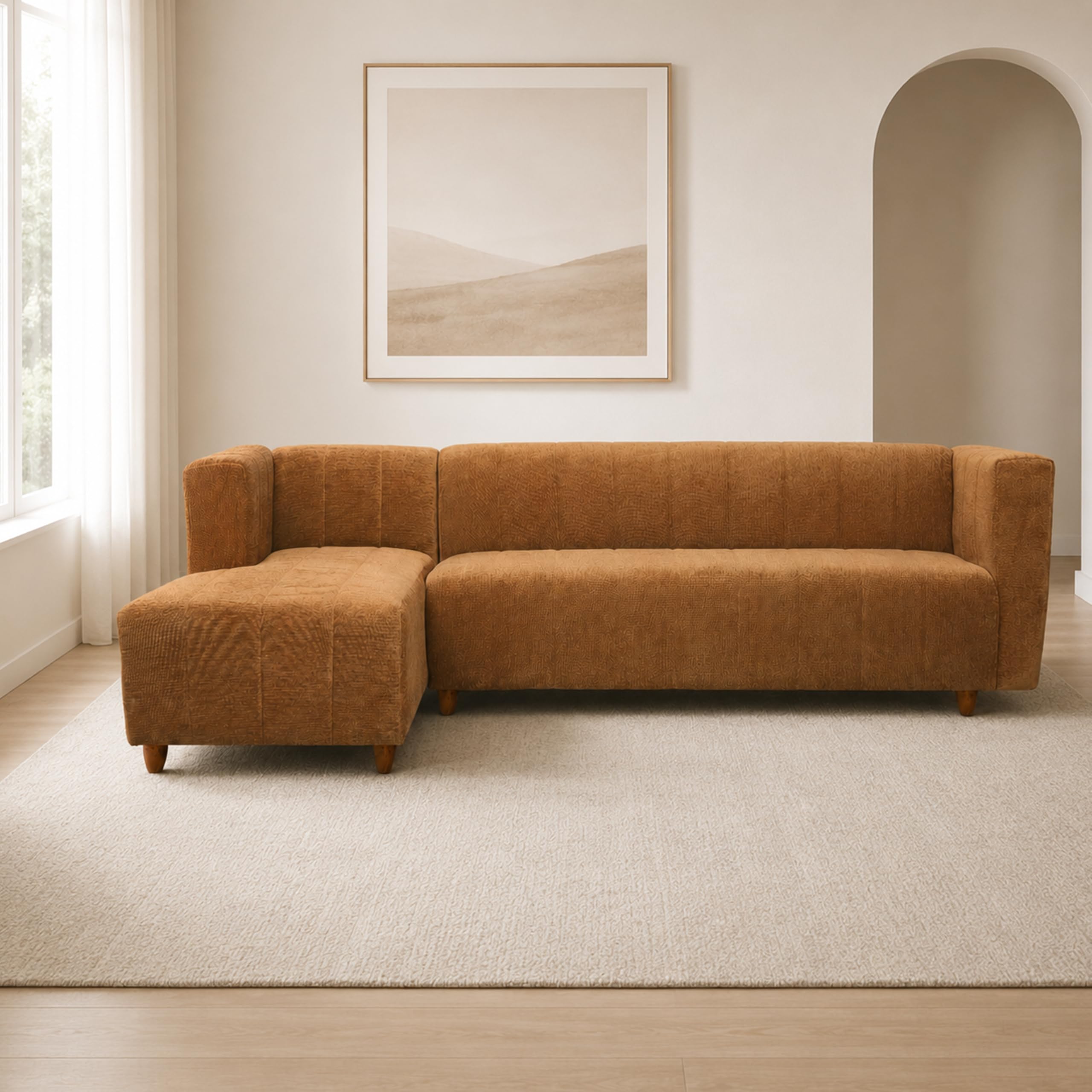 tokyo 6 seater left corner sofa | luxury comfort & extra spacious | wooden sofa set for living room | couch sofa for living room & office (chenile molfino - beige)