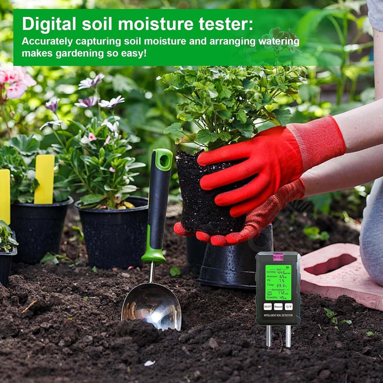 Medidor de humedad del suelo: mide el pH, la humedad, la fertilidad, la temperatura y la intensidad de la luz solar con pantalla LCD retroiluminada para jardinería y plantas al aire libre