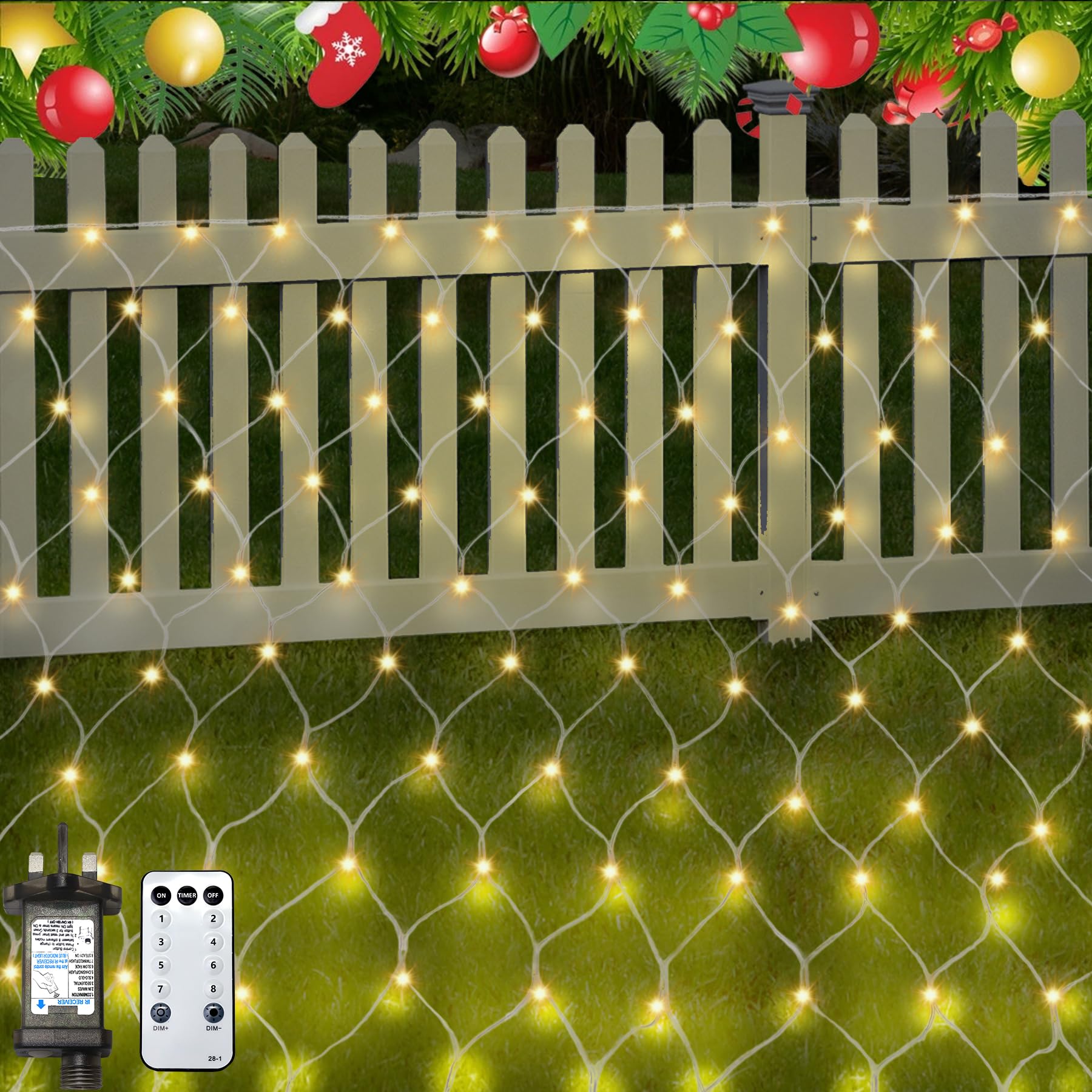 Dankeled Christmas Net Lights Outdoor, 198 LED 3x2M Mesh Fairy Lights Plug in, Timer, 8 Modes, Waterproof String Lights for Indoor Curtain Window Garden Xmas Tree Christmas Decorations (Warm White)