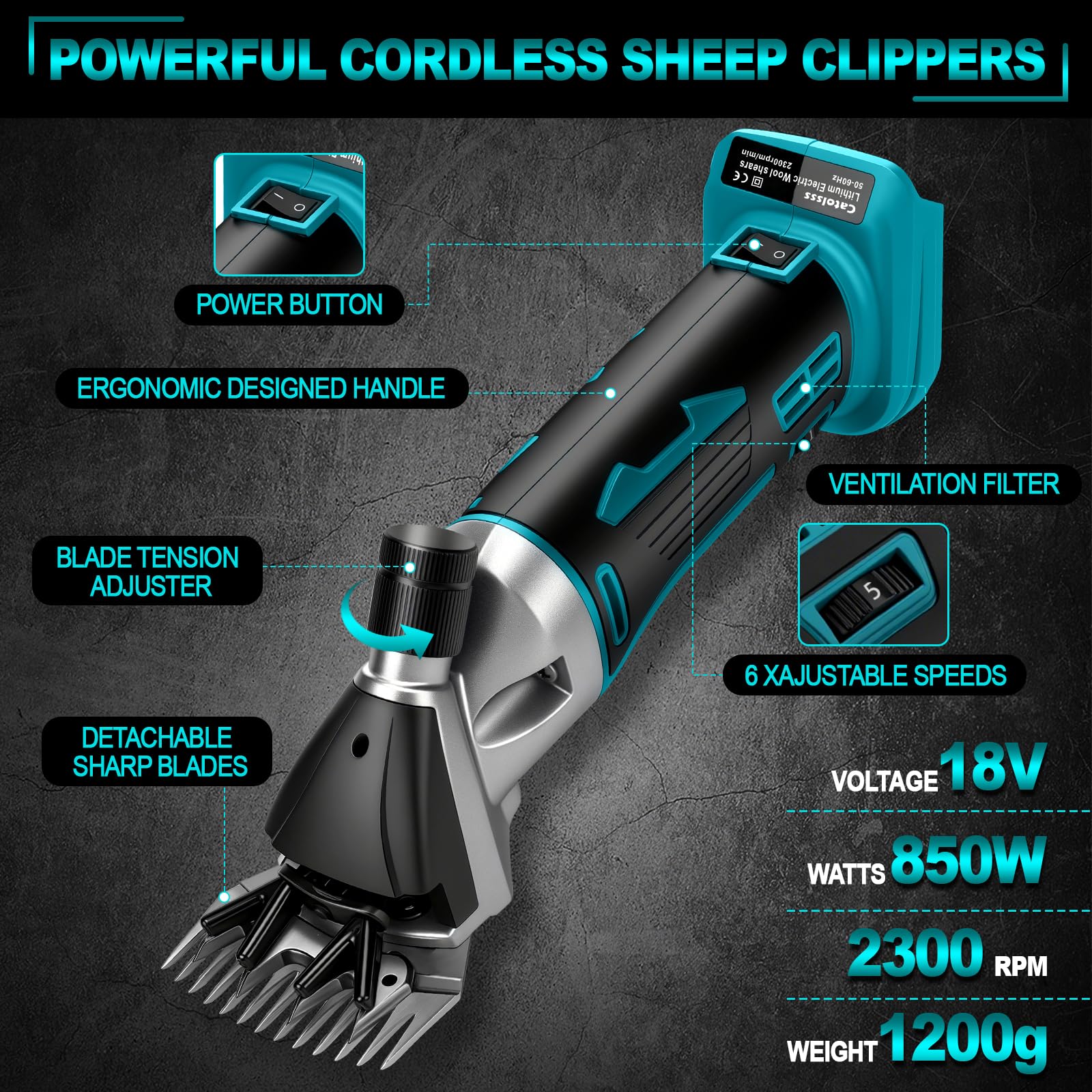 Forbici elettriche a batteria per Makita 18 V, 850 W, 2300 giri/min, 6 marce, forbici elettriche per lana di pecore, capre e bovini sporchi (senza batteria)