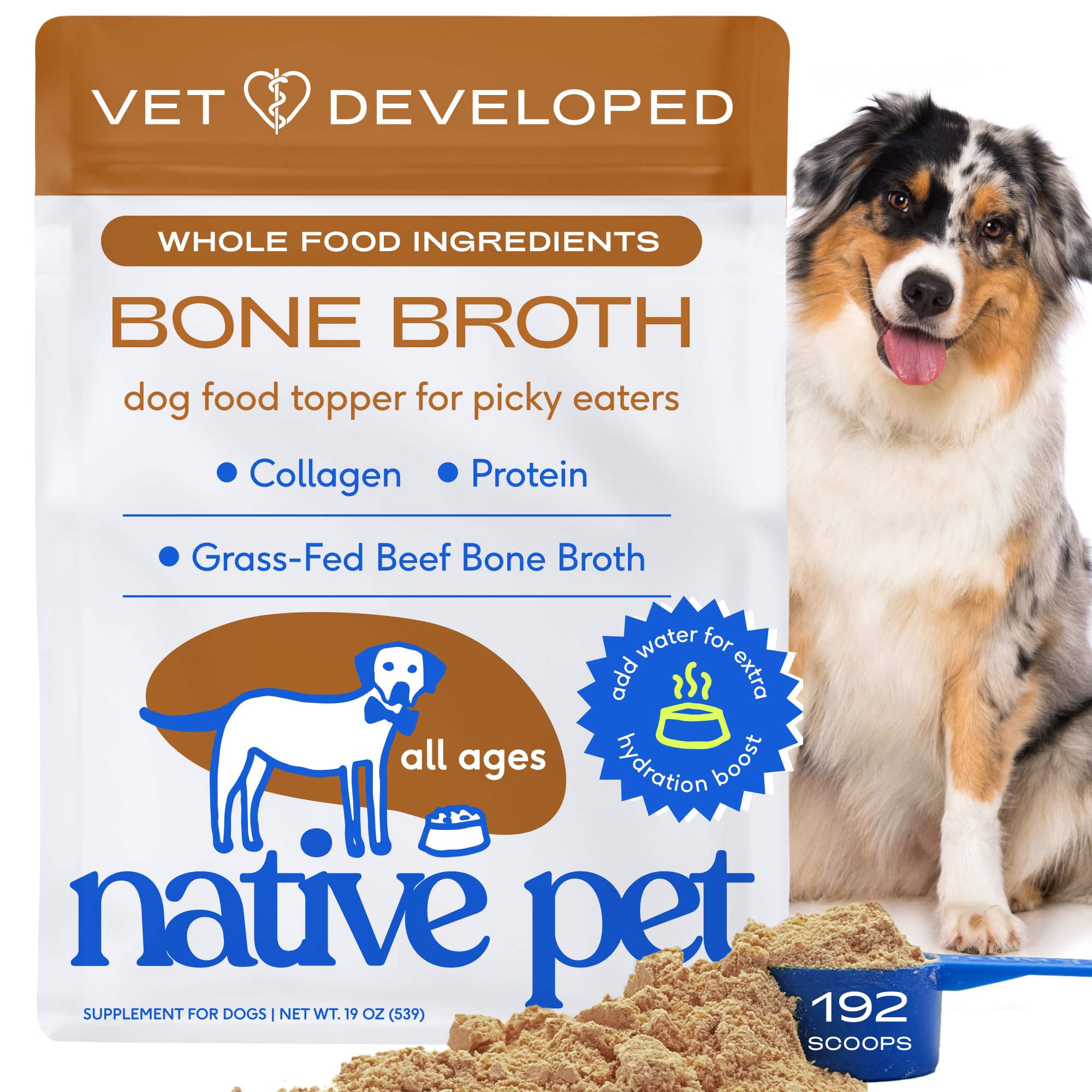 Native Pet Bone Broth for Dogs and Cats - Made with Real Beef Bone Broth, Dog Food Toppers for Picky Eaters- Provides Extra Hydration & Nutrition for Joint Strength, Immunity & Heart Health-192 Scoops