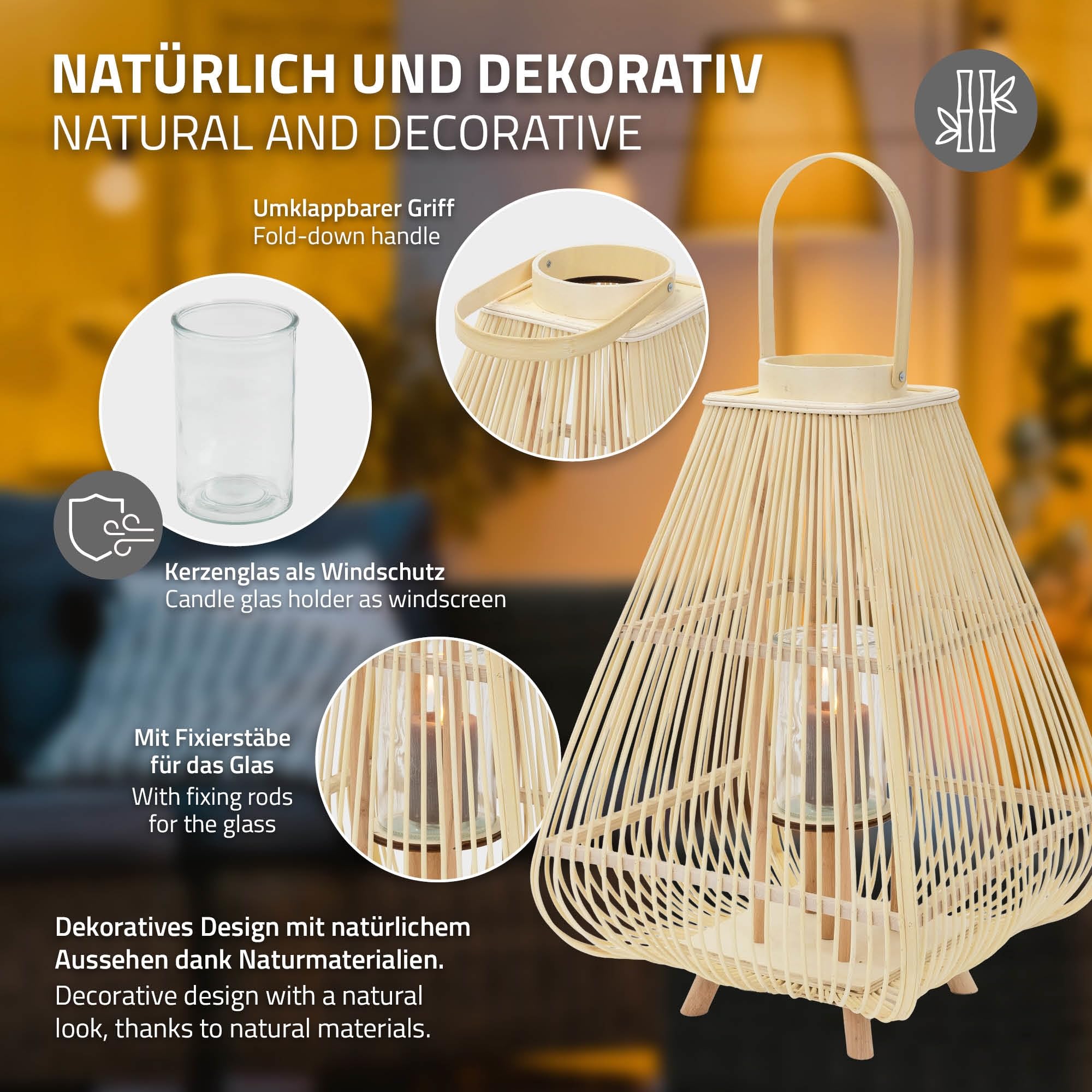 ECD Germany Latarnia Bambusowa Ogrodowa 73,5 cm Lampion Dekoracyjny Boho z Uchwytem i Szklanym Wkladem Swiecznik na Taras Balkon do Ogrodu i Salonu do Wnetrz na Zewnatrz Kolor Naturalny Styl Pleciony