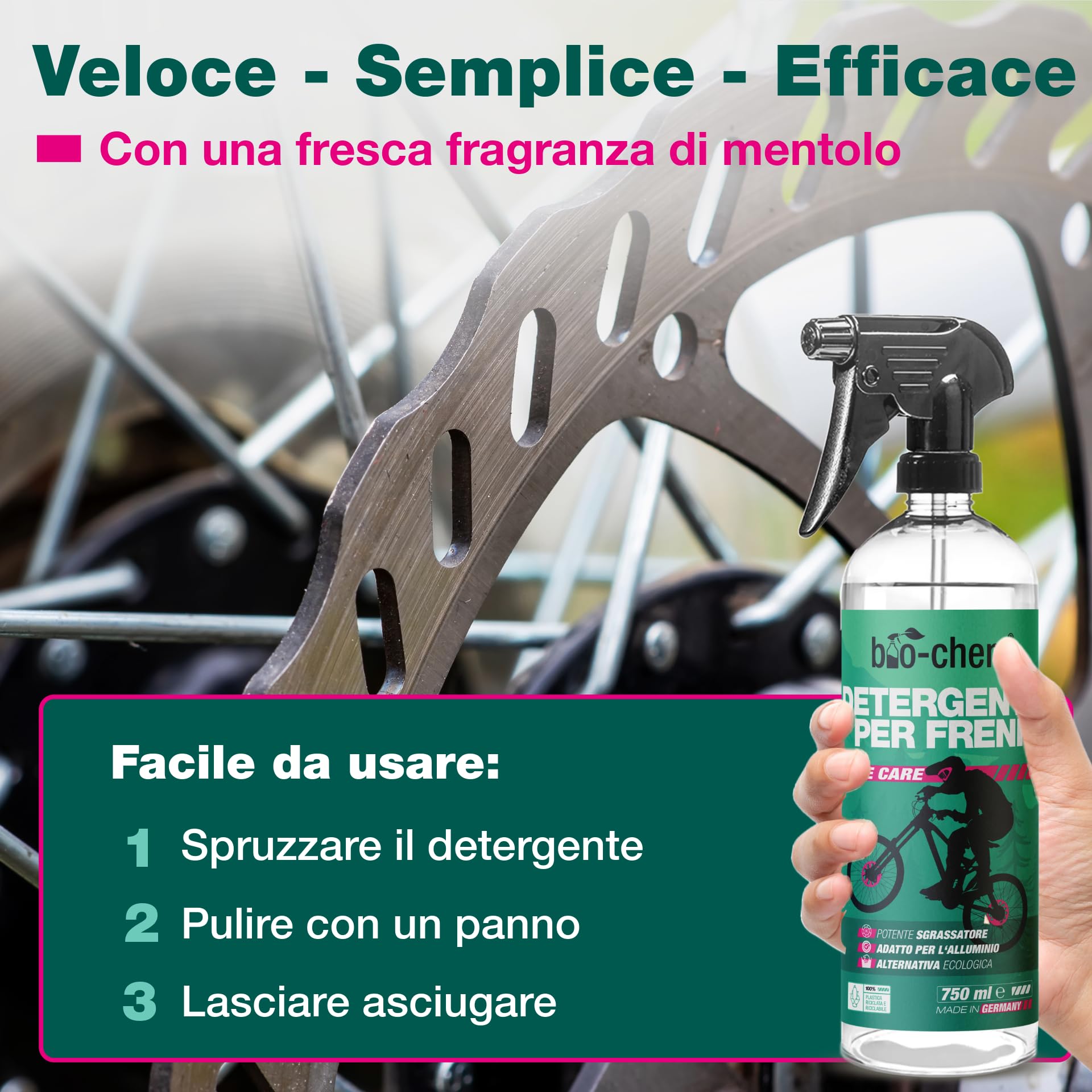 bio-chem - Detergente per freni 3 x 750ml + panno in microfibra - Manutenzione di biciclette, MTB, e-bike, moto, auto - Detergente e sgrassante per impianti frenanti bici da strada, elettriche