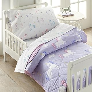 Wildkin 100% Cotton 4 Piece Toddler Bed-in-A-Bag for Boys & Girls, Bedding Set Includes Comforter, Flat Sheet, Fitted Sheet & Pillowcase, Bed Set for Cozy Cuddles (Unicorn)