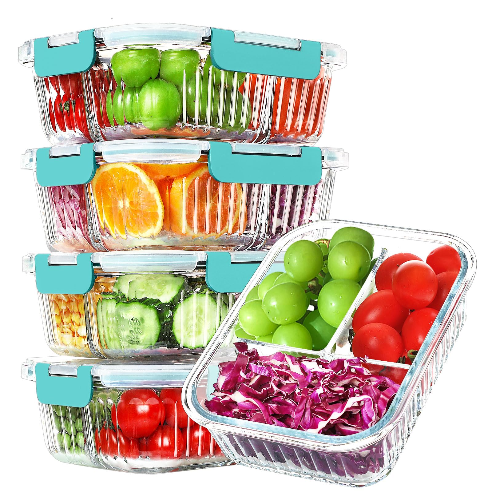 KOMUEE Glass Meal Prep Containers 3 Compartment with lids, 5 Pack 36 oz, Airtight Food Storage Glass Lunch Bento Box, Dishwasher and Microwave Safe,Green