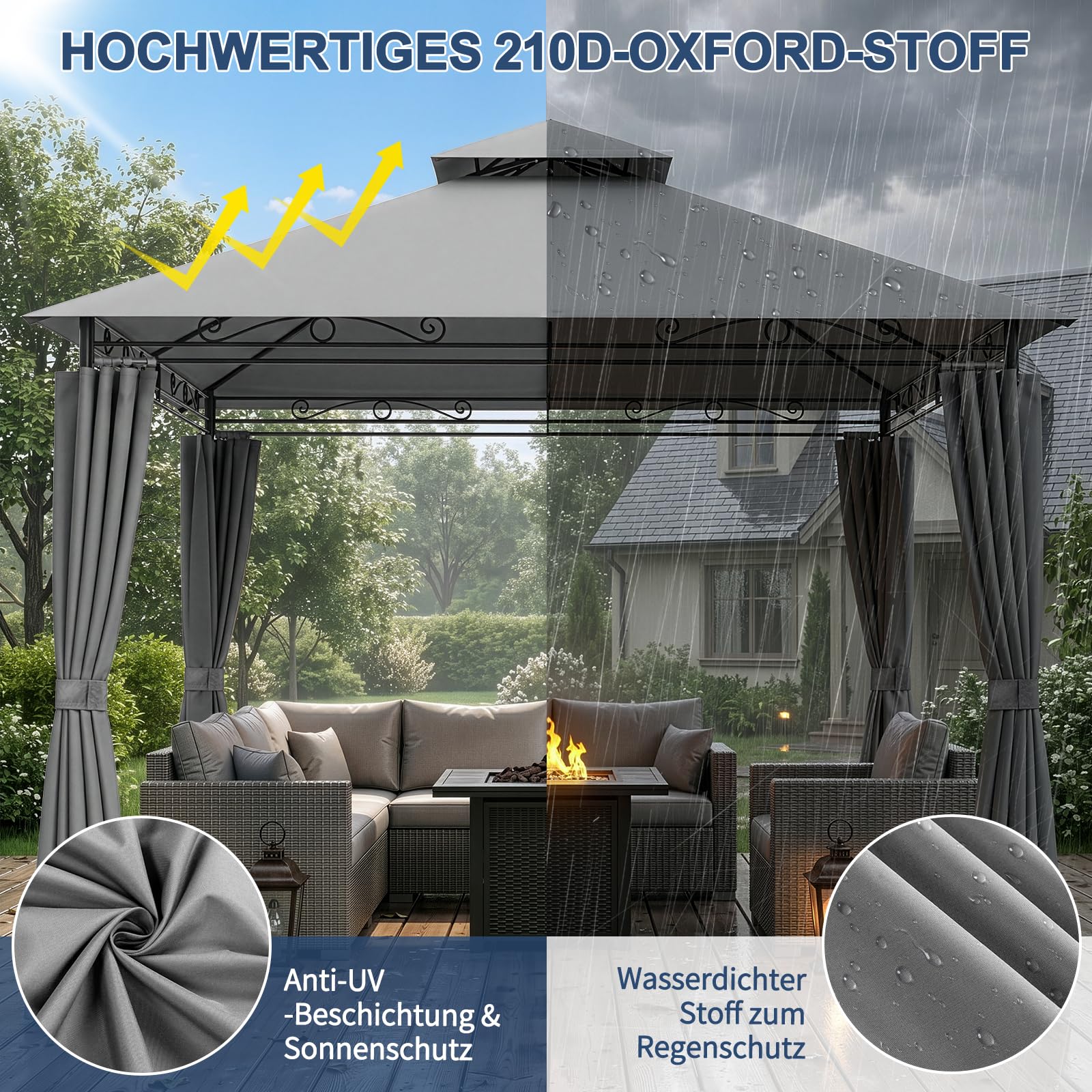 LEADZM Pavillon 3x3m, Stabiler Eisenrahmen, Wasserdicht Winddicht UV-Schutz, Gartenpavillon Outdoor Gazebo, mit 4 Seitenwänden,Partyzelt für Garten Hof Party und Freizeit (Grau, 3x3 m-Doppeldach)